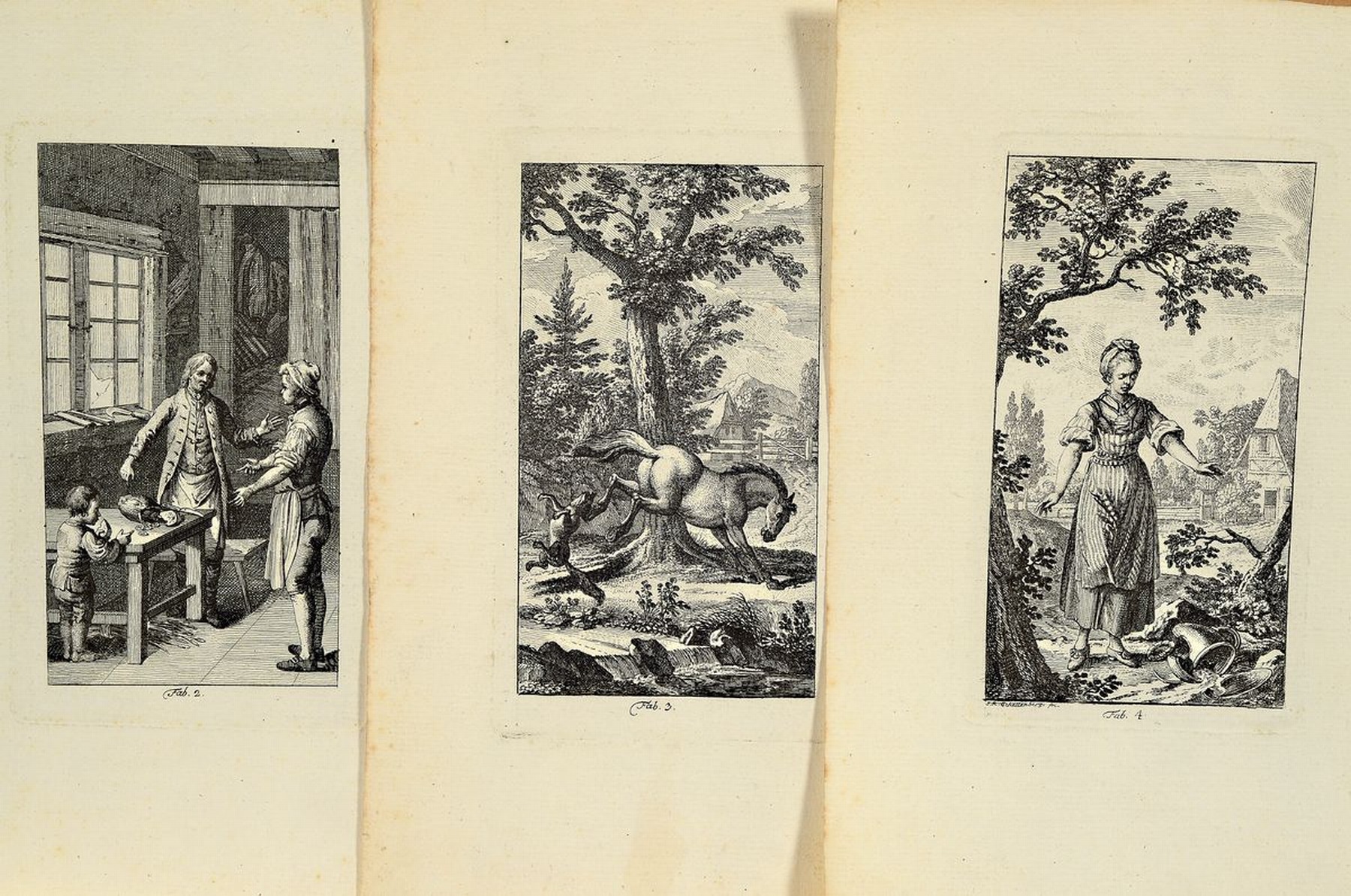 Detail k: Johann Rudolf Schellenberg, 1740-1906, 15 Kupferstiche aus: Fabeln, ca. 1780, Stiche lose, gebräunt und teils fleckig, Blattgr. je ca. 21x13cm