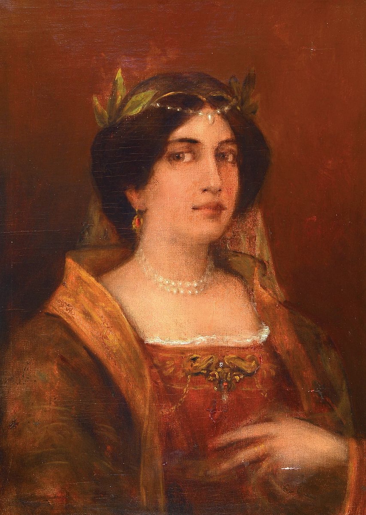 Unbekannter Künstler des 19.Jh., Münchener Schule, Damenbildnis im Duktus des Symbolismus, Öl/Lwd, stärker rest., R., 59x42 / 75x58 cm