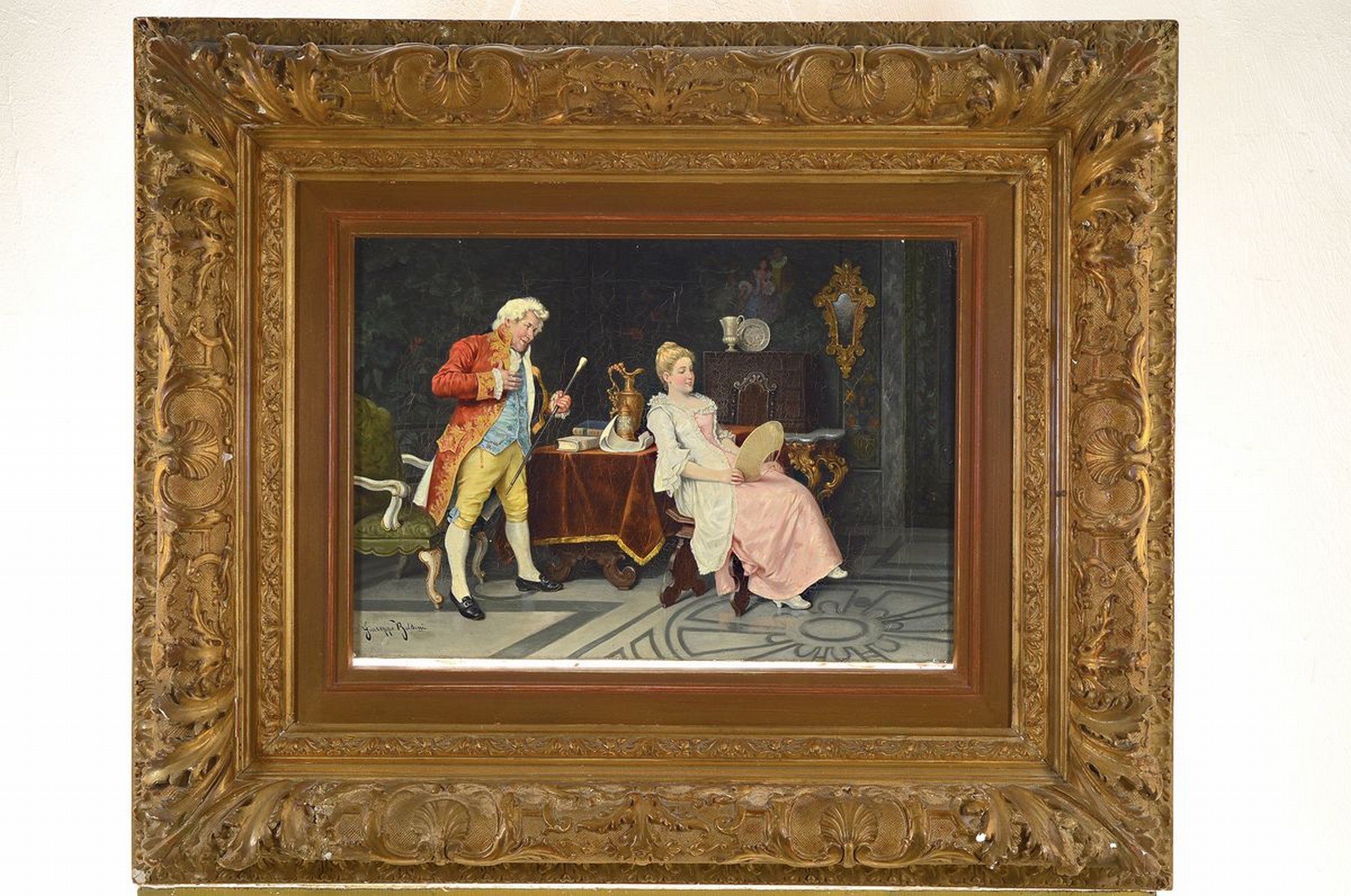 Detail k: Giuseppe Baldini, 1807 - 1876 Livorno, Interieur mit adligem Paar, Charakterisierung des Raumes durch prunkvoll repräsentative Objekte wie ...