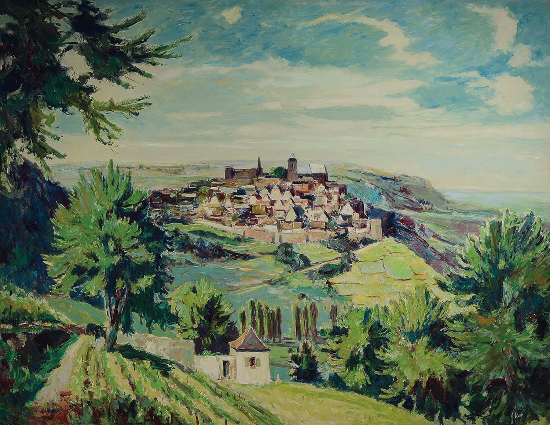 Karl Graf, 1902 Rothenburg - 1986 Speyer, großformatige Ansicht Neuleiningens, rechts unten signiert, Rahmen l. best., 100x130 / 107x137 cm, ...