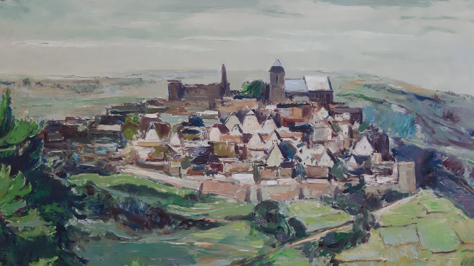 Detail c: Karl Graf, 1902 Rothenburg - 1986 Speyer, großformatige Ansicht Neuleiningens, rechts unten signiert, Rahmen l. best., 100x130 / 107x137 cm, ...