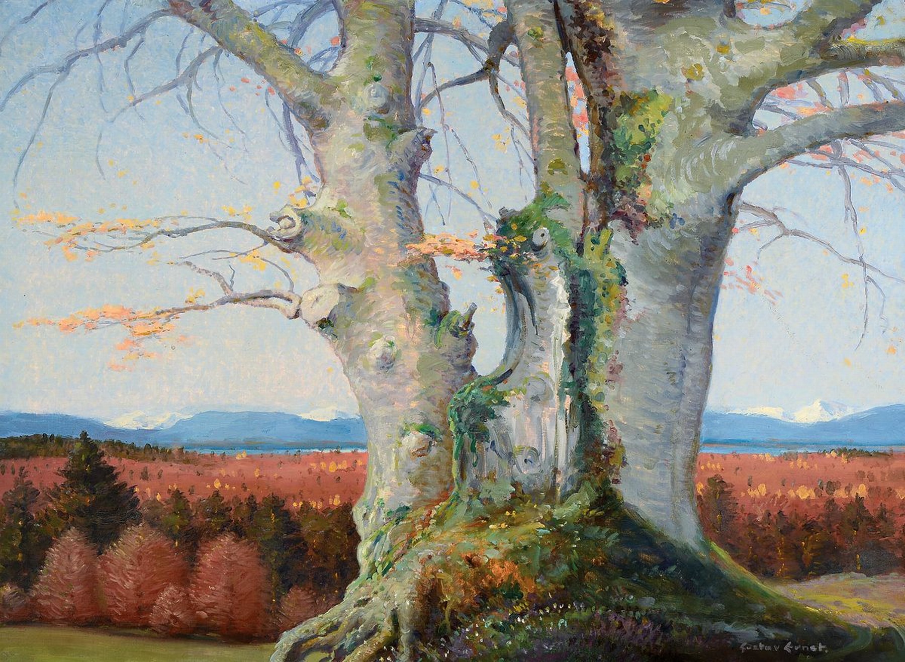 Gustav Ernst, 1858 Elsterberg - 1945 Bad Dürkheim, knorriger Baum vor Alpenpanorama, Anspielung auf Caspar David Friedrich, Zentralkomposition des ...