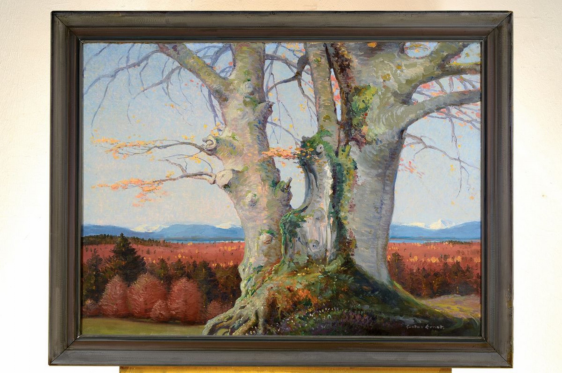 Detail k: Gustav Ernst, 1858 Elsterberg - 1945 Bad Dürkheim, knorriger Baum vor Alpenpanorama, Anspielung auf Caspar David Friedrich, Zentralkomposition des ...