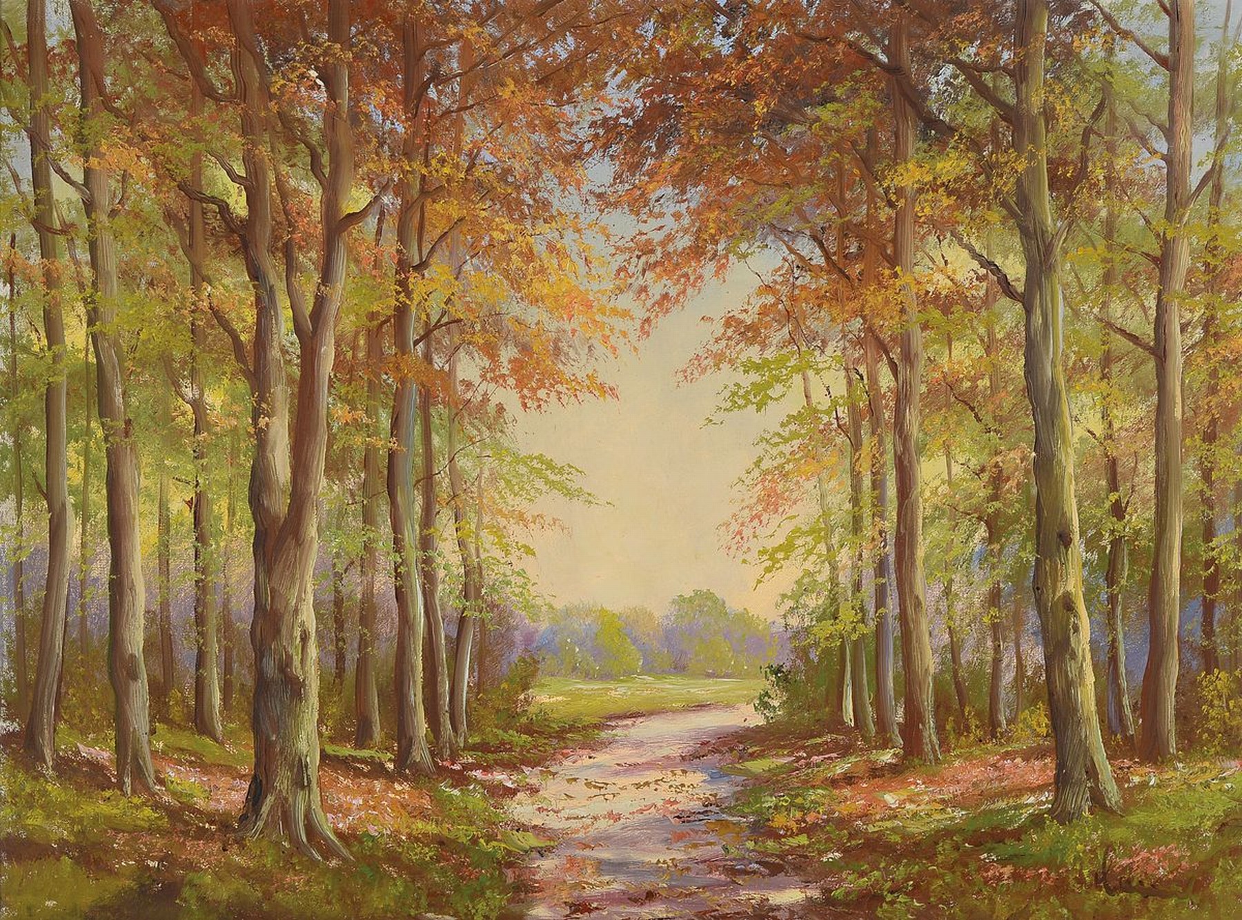Robert Lauth, 1896 Ludwigshafen - 1985 ebenda , herbstliche Allee, bez. "Buchenwald Durchblick", rechts unten signiert, Öl/Lwd, R., ca. ...