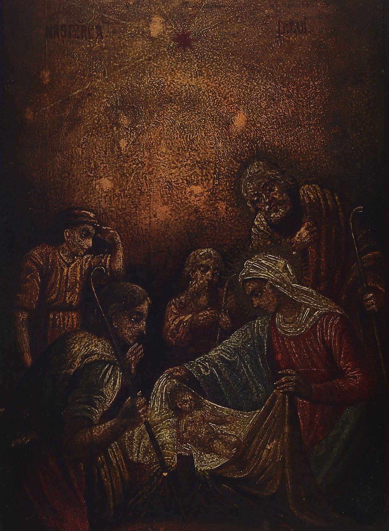 Ikone/Heiligenbild, wohl Bulgarien, Mitte 19. Jh., Heilige Familie, auf Holz, stärker verschmutzt mit Ruß, ca. 41 x 31 cm