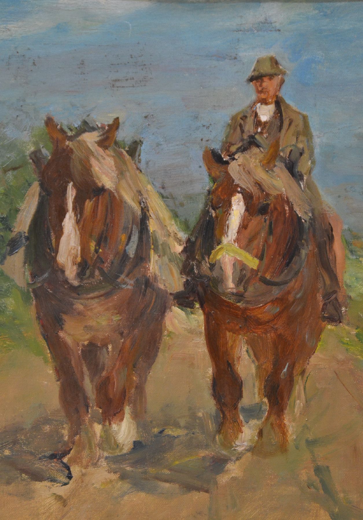 Detail b: Otto Dill, 1884 Neutadt - 1957 Bad Dürkheim,Herrenreiter mit zwei Kaltblütern in pfälzer Landschaft, um 1935/38, rechts unten signiert, ...