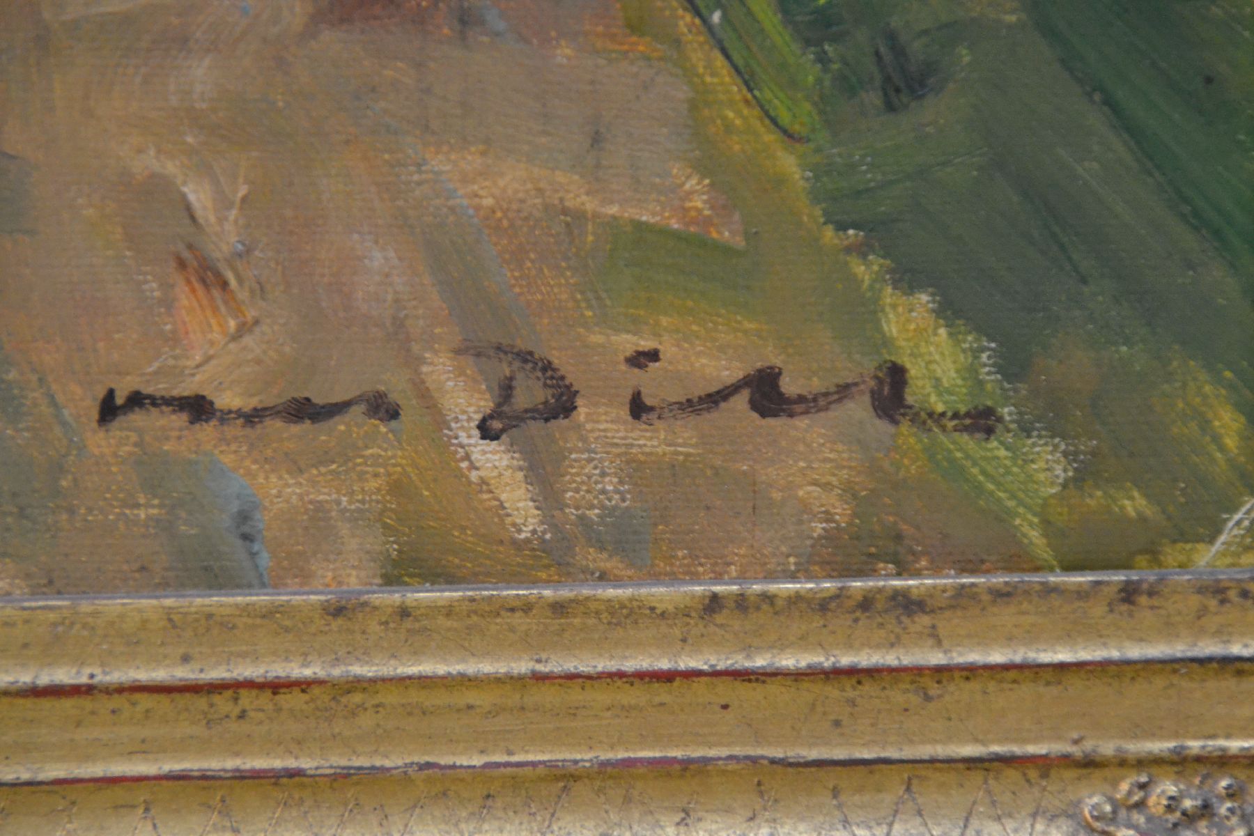 Detail c: Otto Dill, 1884 Neutadt - 1957 Bad Dürkheim,Herrenreiter mit zwei Kaltblütern in pfälzer Landschaft, um 1935/38, rechts unten signiert, ...