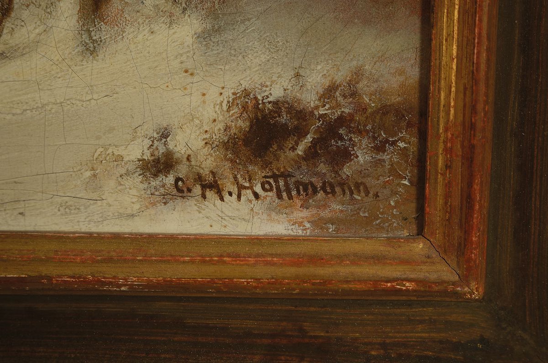 Detail a: Carl Heinrich Hoffmann, 1818 - 1896, Pferdefuhrwerk mit Bursche im Winter, rechts unten signiert, Öl/Lwd, Alterssp., l. rest., 28x44 cm, Rahmen, ...