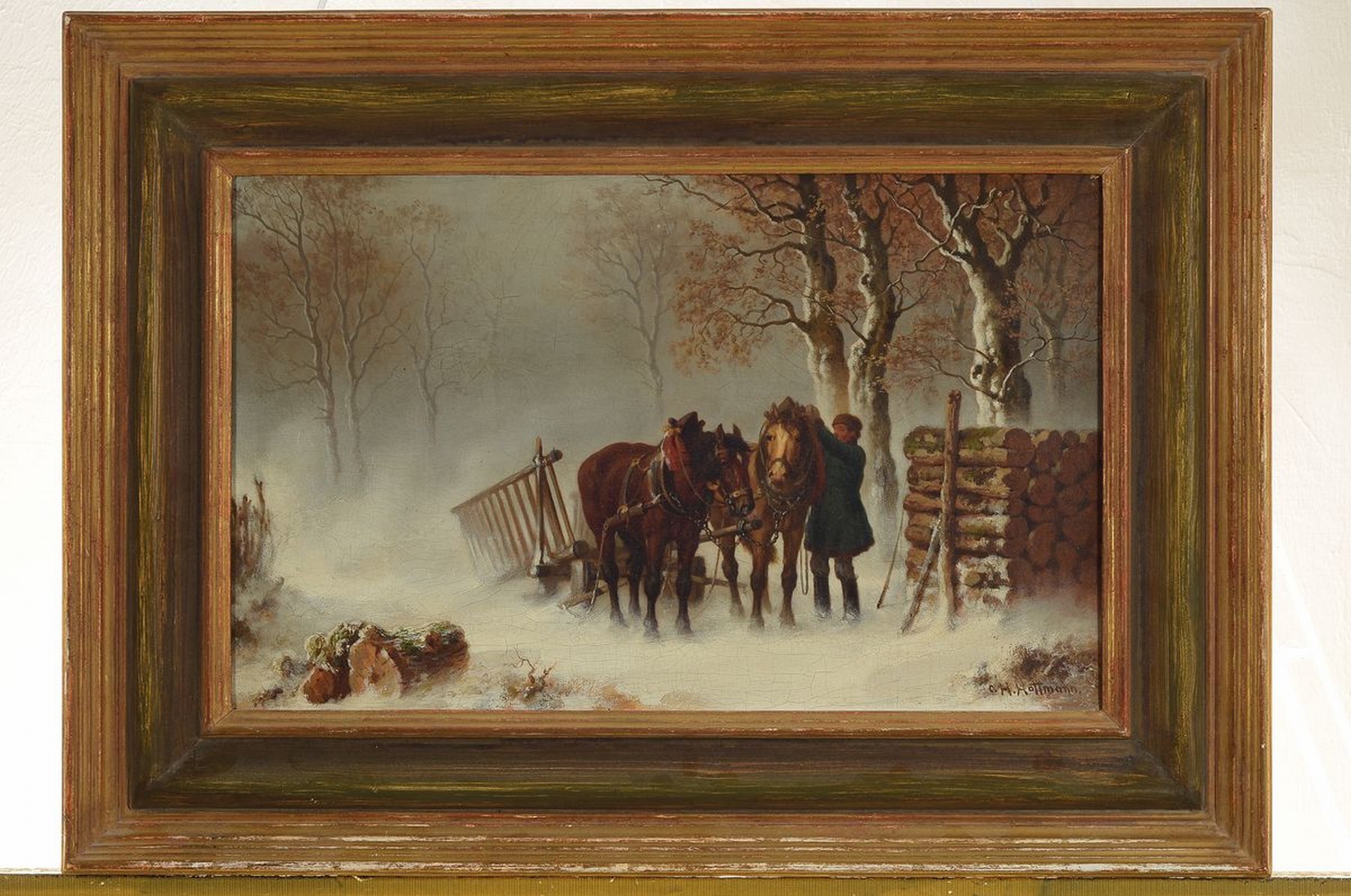 Detail k: Carl Heinrich Hoffmann, 1818 - 1896, Pferdefuhrwerk mit Bursche im Winter, rechts unten signiert, Öl/Lwd, Alterssp., l. rest., 28x44 cm, Rahmen, ...