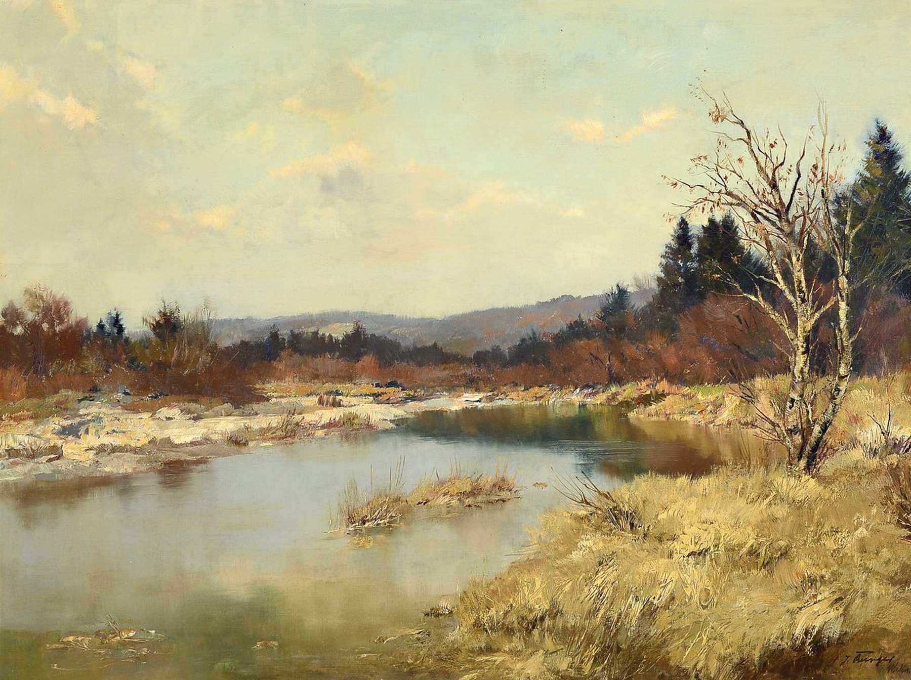 Josef Burger, 1887 München - 1966 ebenda, Schüler von Leo Putz, Landschaft im Dachauer Moos, betitelt, "Altwasser", akademische Manier, ...