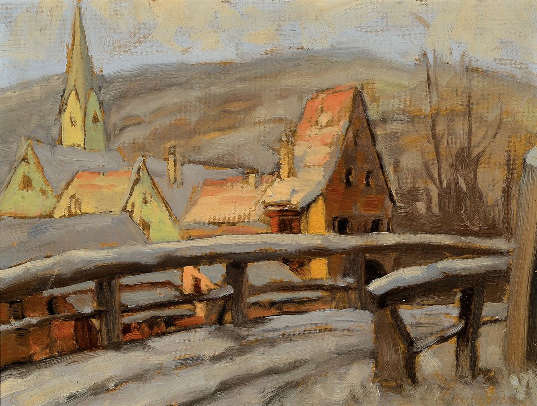 Carl Korbmann, 1894 Bad Dürkheim - 1958, pfälzer Dorf im Winter, im Hintergrund Haardtgebirge, Öl/Malkarton, re. u. signiert, 37 x 50 cm, Rahmen: ...