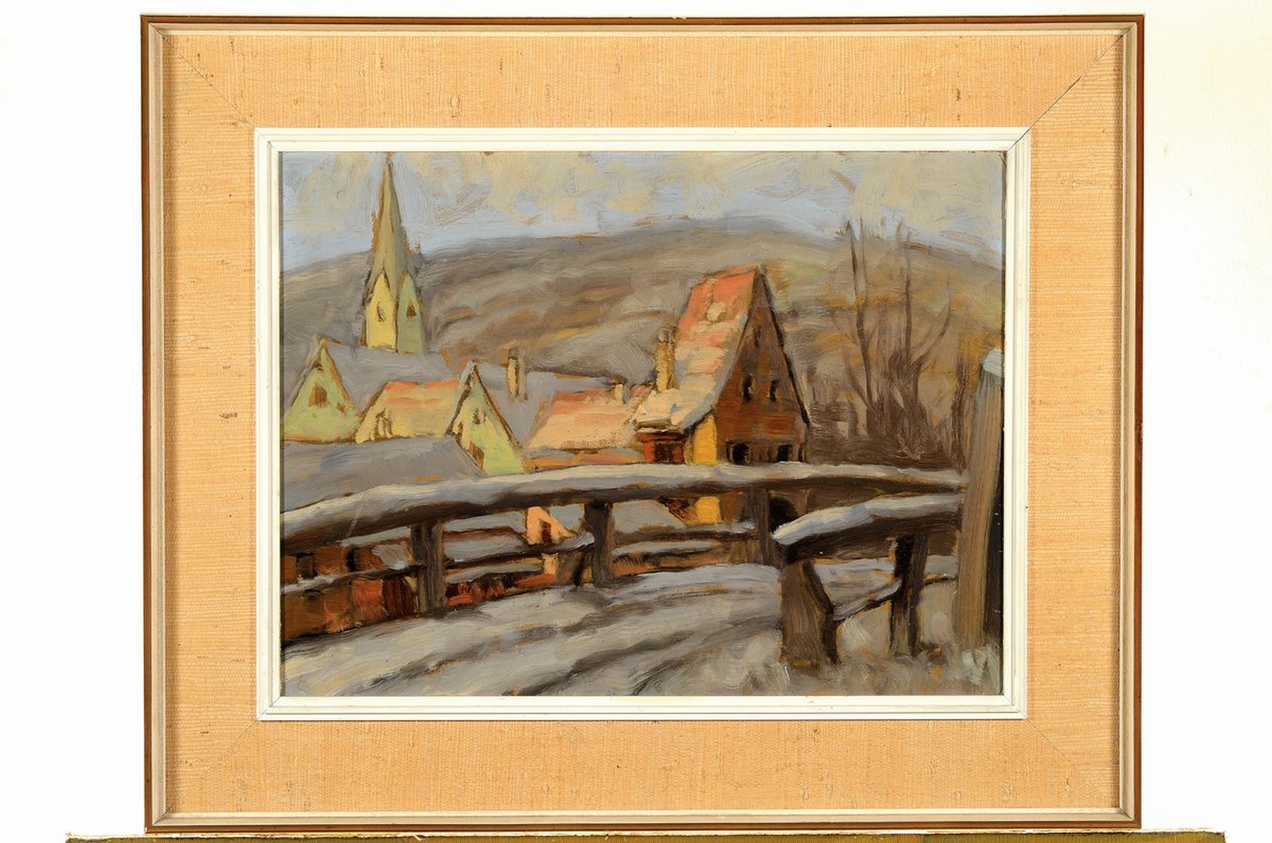 Detail k: Carl Korbmann, 1894 Bad Dürkheim - 1958, pfälzer Dorf im Winter, im Hintergrund Haardtgebirge, Öl/Malkarton, re. u. signiert, 37 x 50 cm, Rahmen: ...
