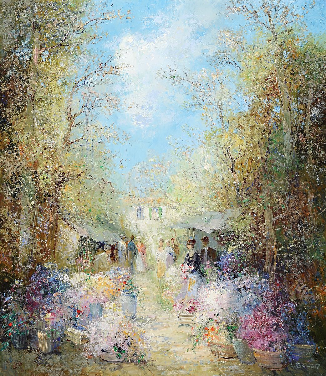 Willi Bauer, geb. 1949 im Spessart, Studium an der Kunstakademie Frankfurt a.M., Blumenmarkt, impressionistisch- pointilistische Auffassung, pastos- ...