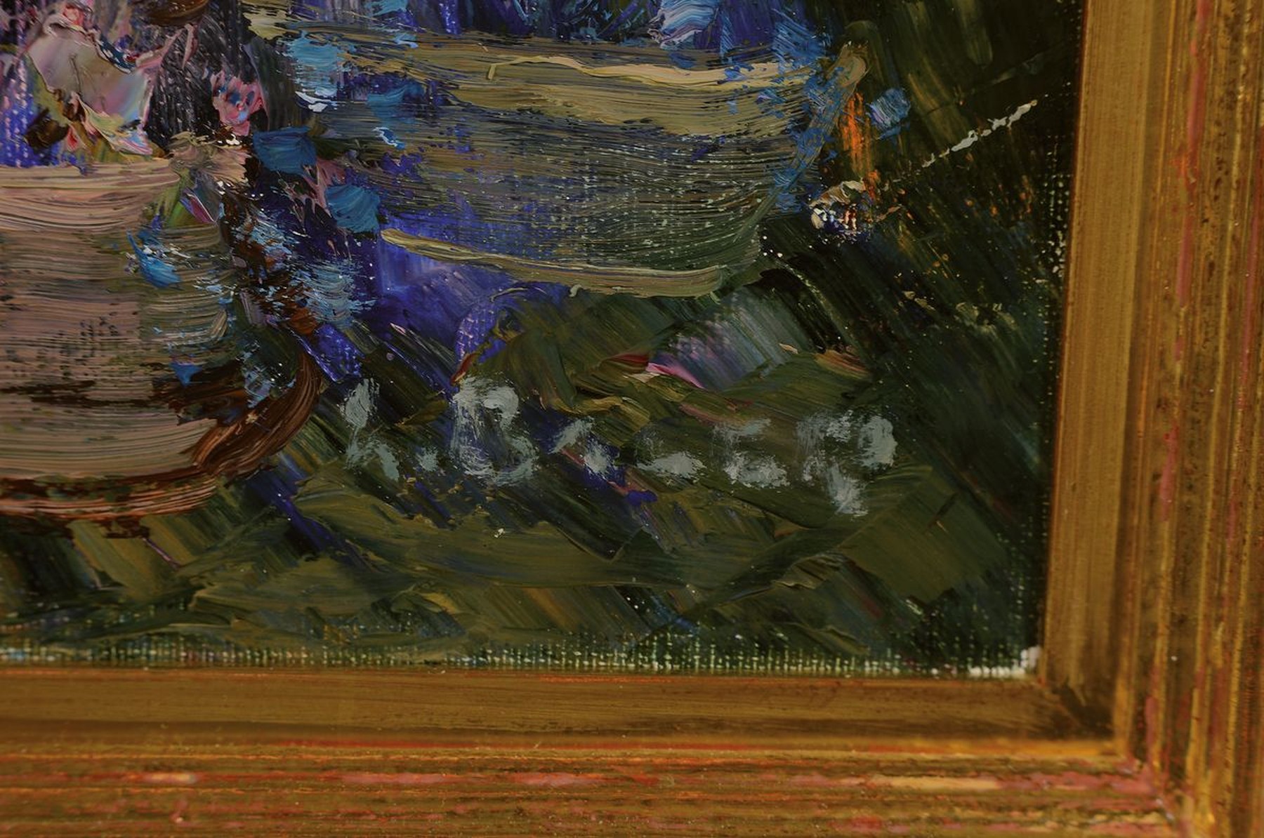 Detail a: Willi Bauer, geb. 1949 im Spessart, Studium an der Kunstakademie Frankfurt a.M., Blumenmarkt, impressionistisch- pointilistische Auffassung, pastos- ...
