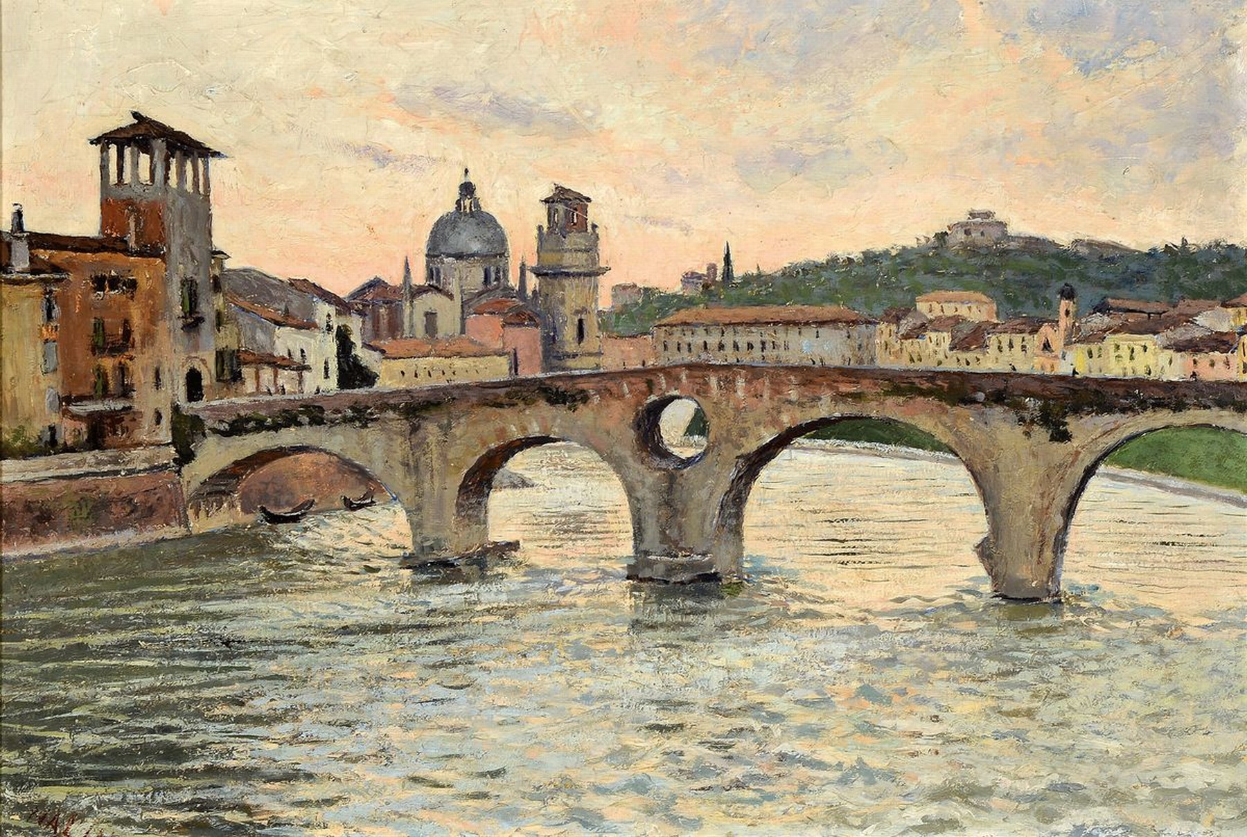 Ilmar Malin, 1924 Tartu - 1994 Tallinn, wohl italienische Flußlandschaft mit Brücke im Abendrot, wohl die Ponte Vietra in Verona, Öl/Holz, li. ...