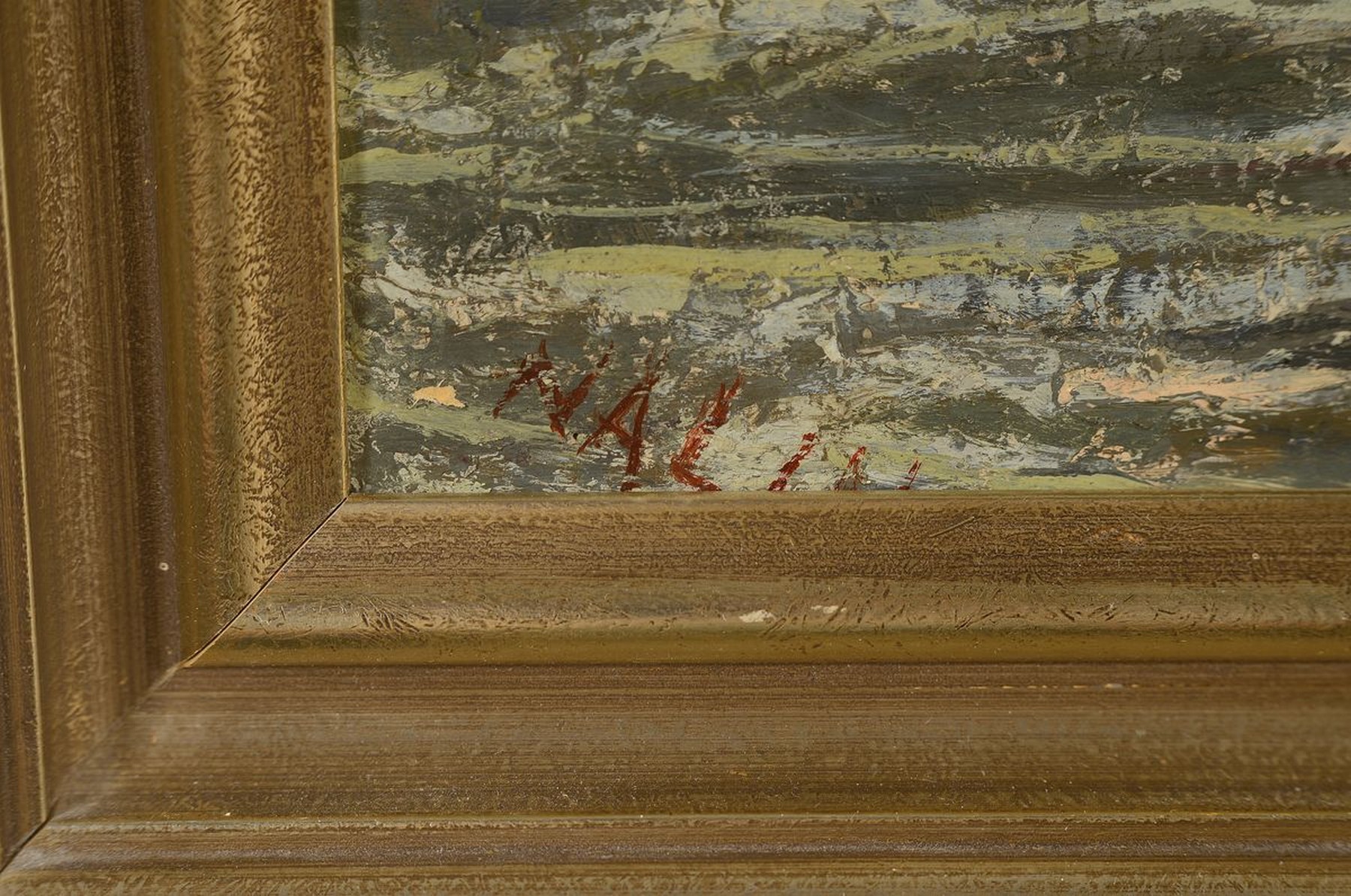 Detail a: Ilmar Malin, 1924 Tartu - 1994 Tallinn, wohl italienische Flußlandschaft mit Brücke im Abendrot, wohl die Ponte Vietra in Verona, Öl/Holz, li. ...