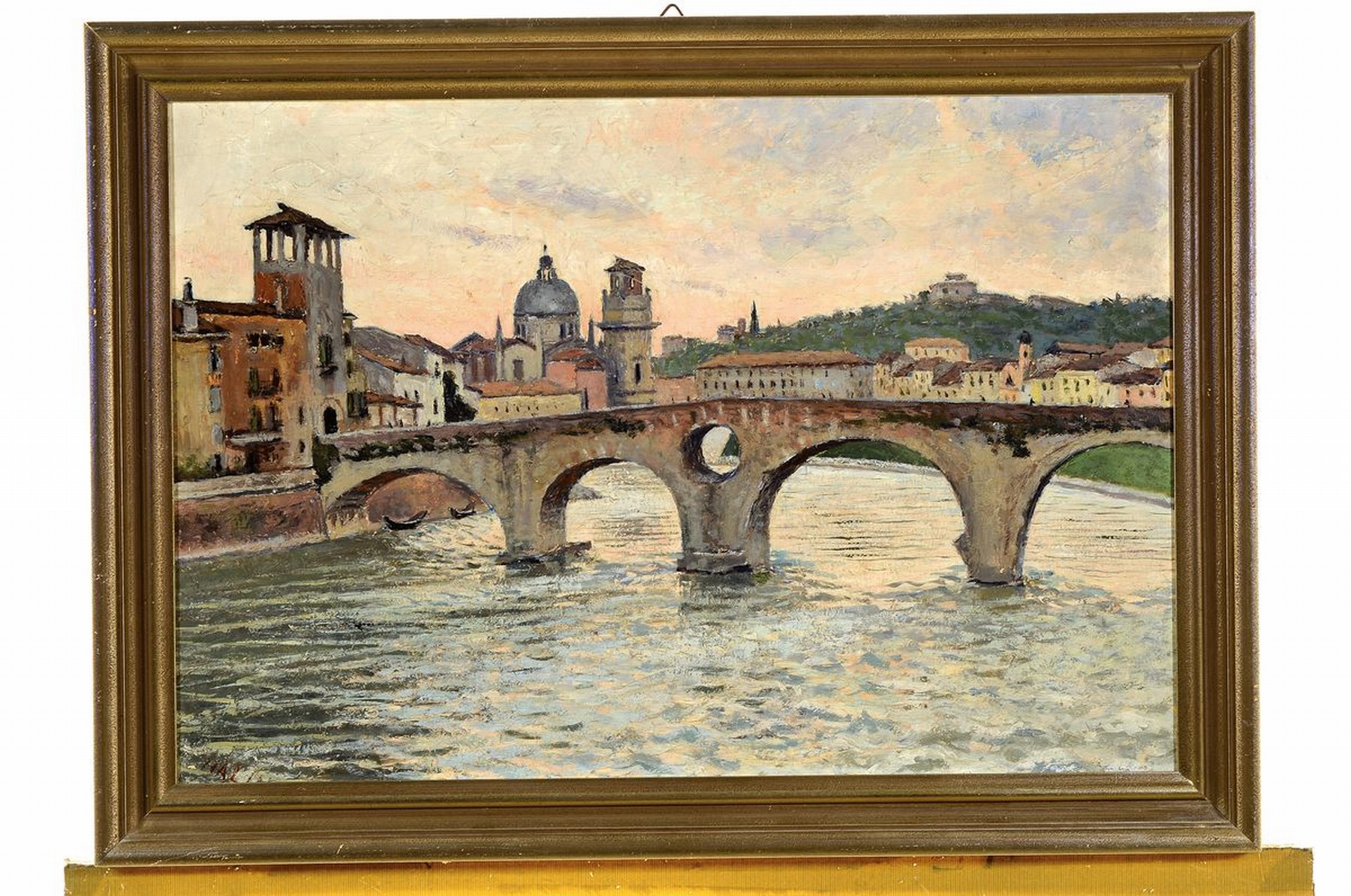 Detail k: Ilmar Malin, 1924 Tartu - 1994 Tallinn, wohl italienische Flußlandschaft mit Brücke im Abendrot, wohl die Ponte Vietra in Verona, Öl/Holz, li. ...
