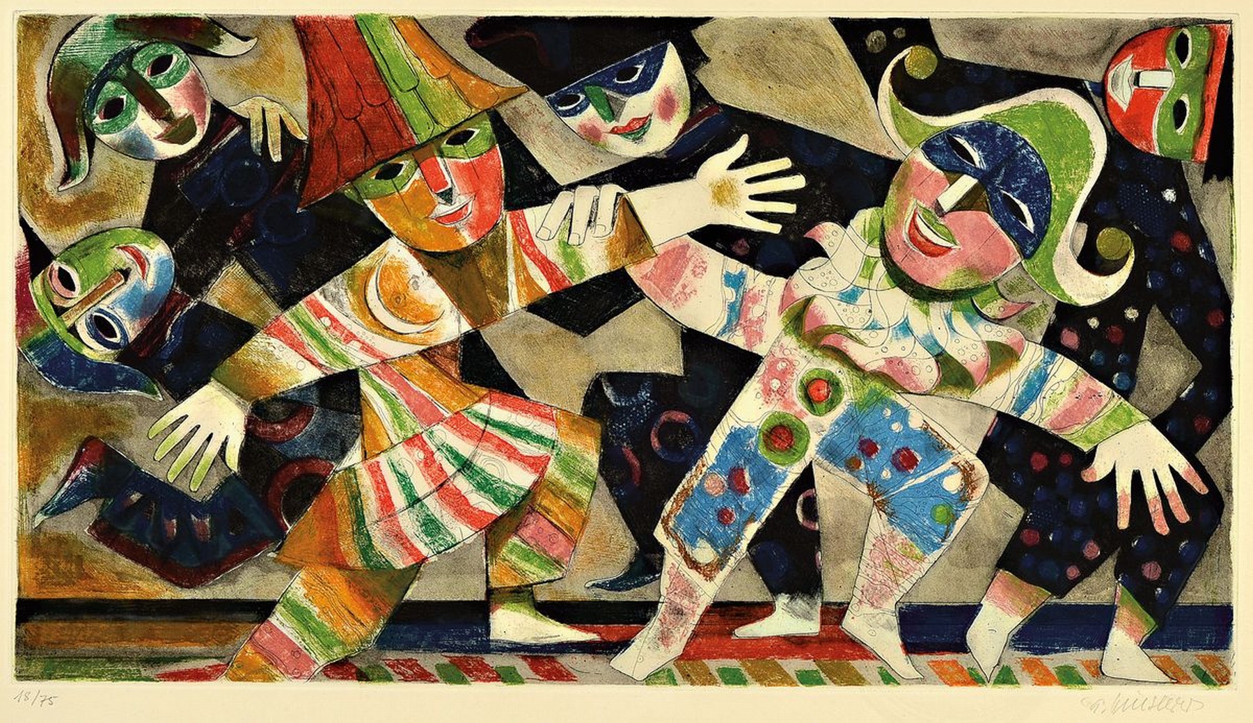 Detail n: Alfred Finsterer, 1908 Nürnberg - Stuttgart 1996, zwei große Farbradierungen, Clowns, num. 18/75, Abb. ca. 39x 70 cm Blattmaß: 64 x 90 cm, und die ...