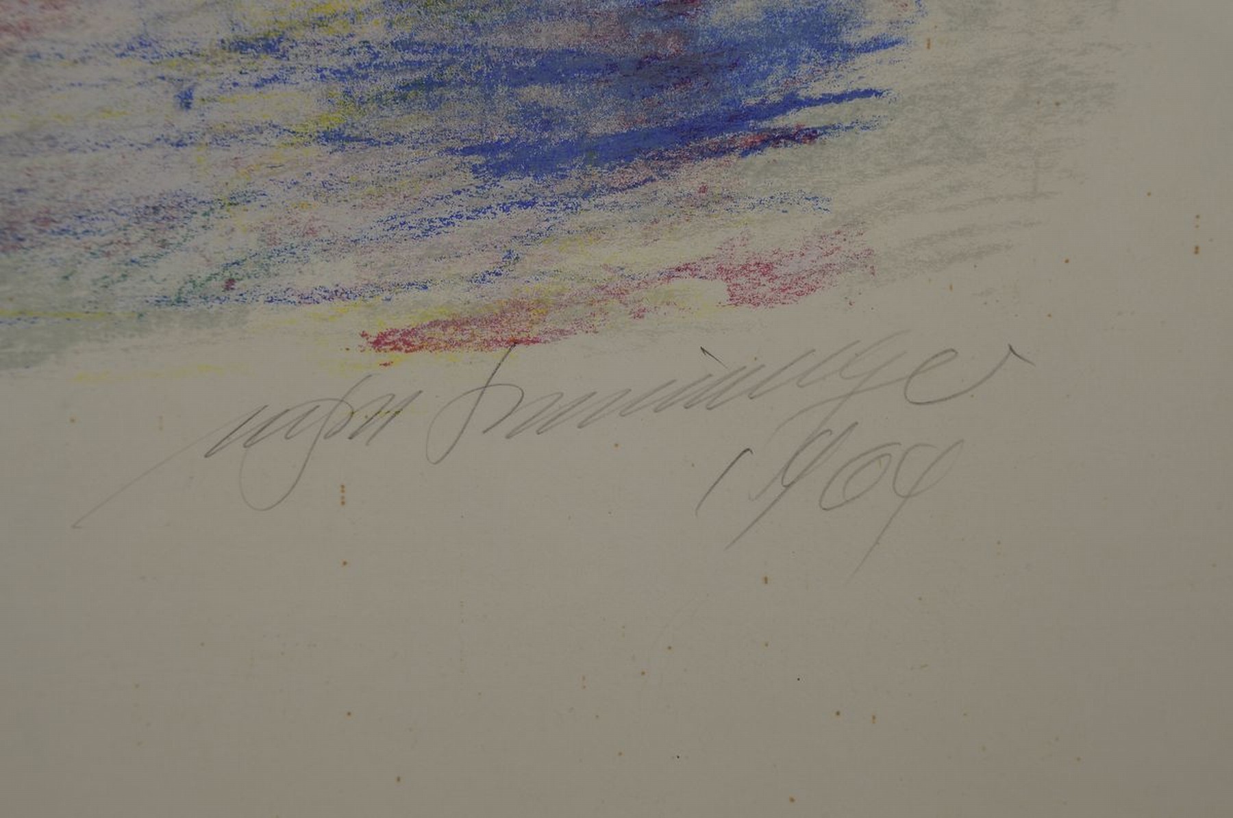 Detail g: Manfred Henninger, 1894 - 1986, Lithografie, gelbe Blumen vor stil. Landschaft, signiert und dat. 1964, num. 86/ 120, Abb. ca- 62 x 43 cm, Rahmen ca. ...