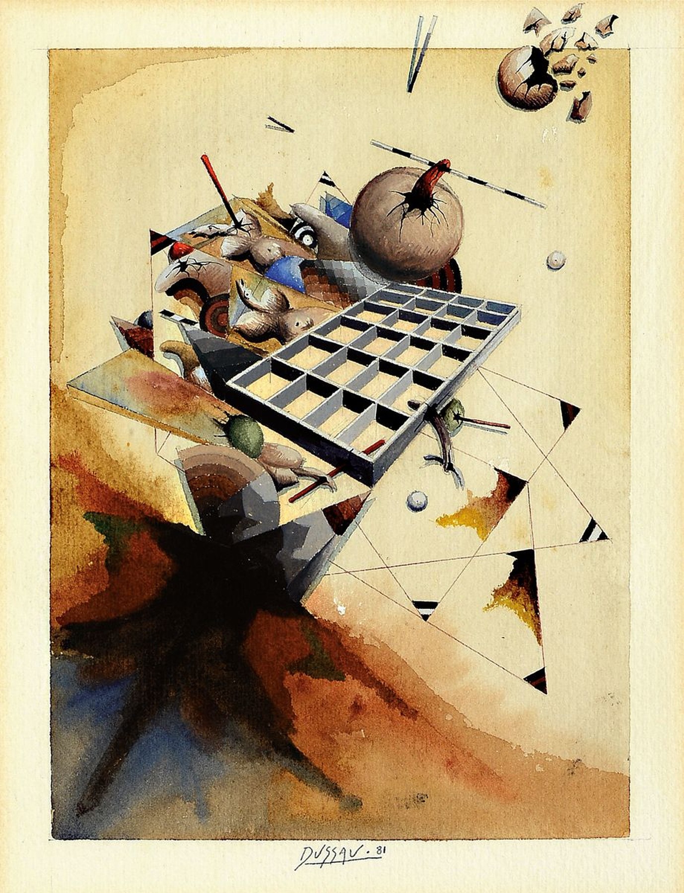 Georges Dussau , geb. 1947, Aquarell, abstr. Komposition, signiert und dat. 81, PP: 22 x 17 cm, unter Glas, Rahmen: 42 x 32 cm