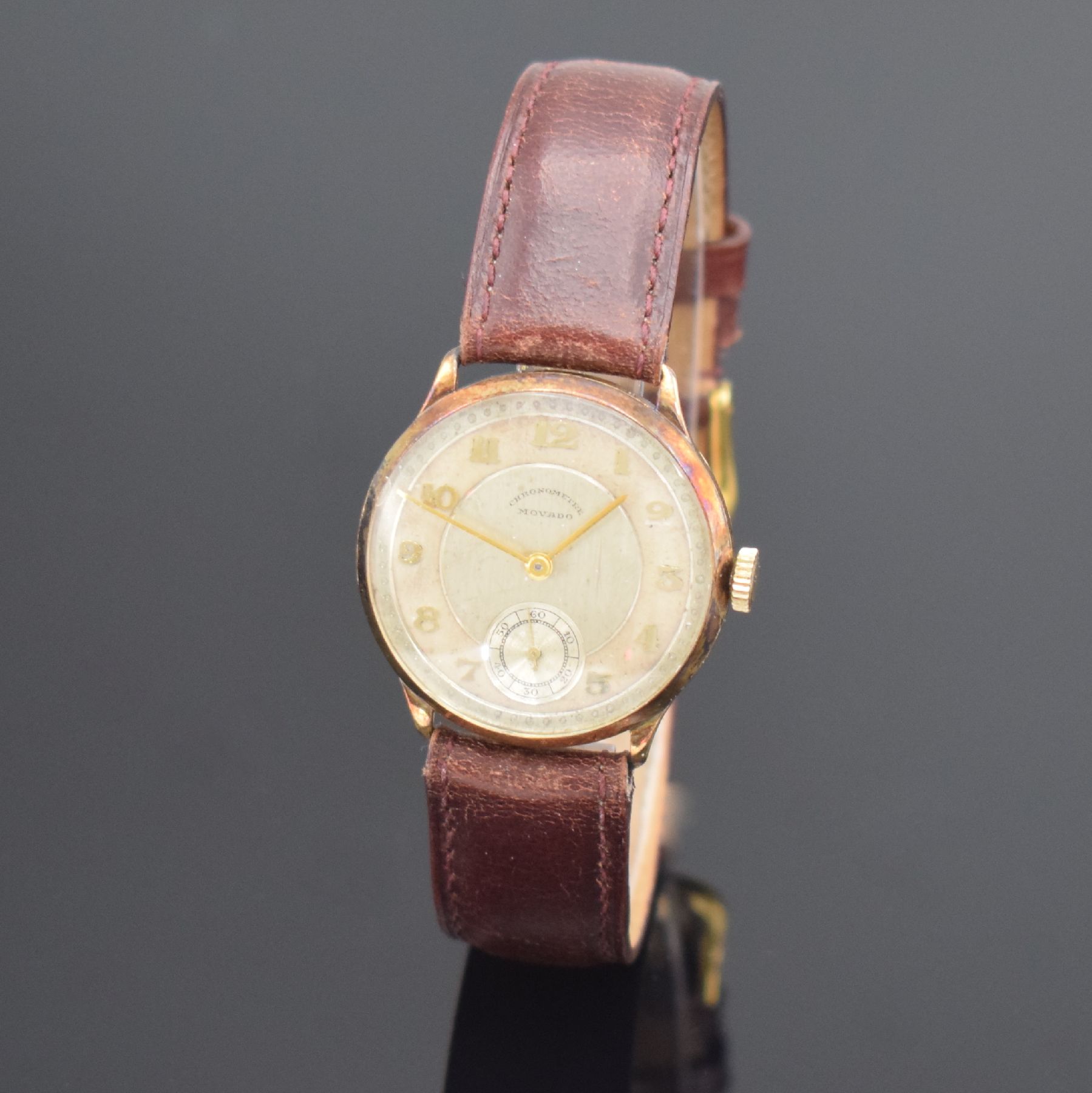 Detail b: MOVADO Damenarmbanduhr Chronometer in GG 585/000, Schweiz um 1940, Geh. angel., Handaufzug, Boden & Glasrand aufgedr., silb. Duoton-Zifferbl. teils ...