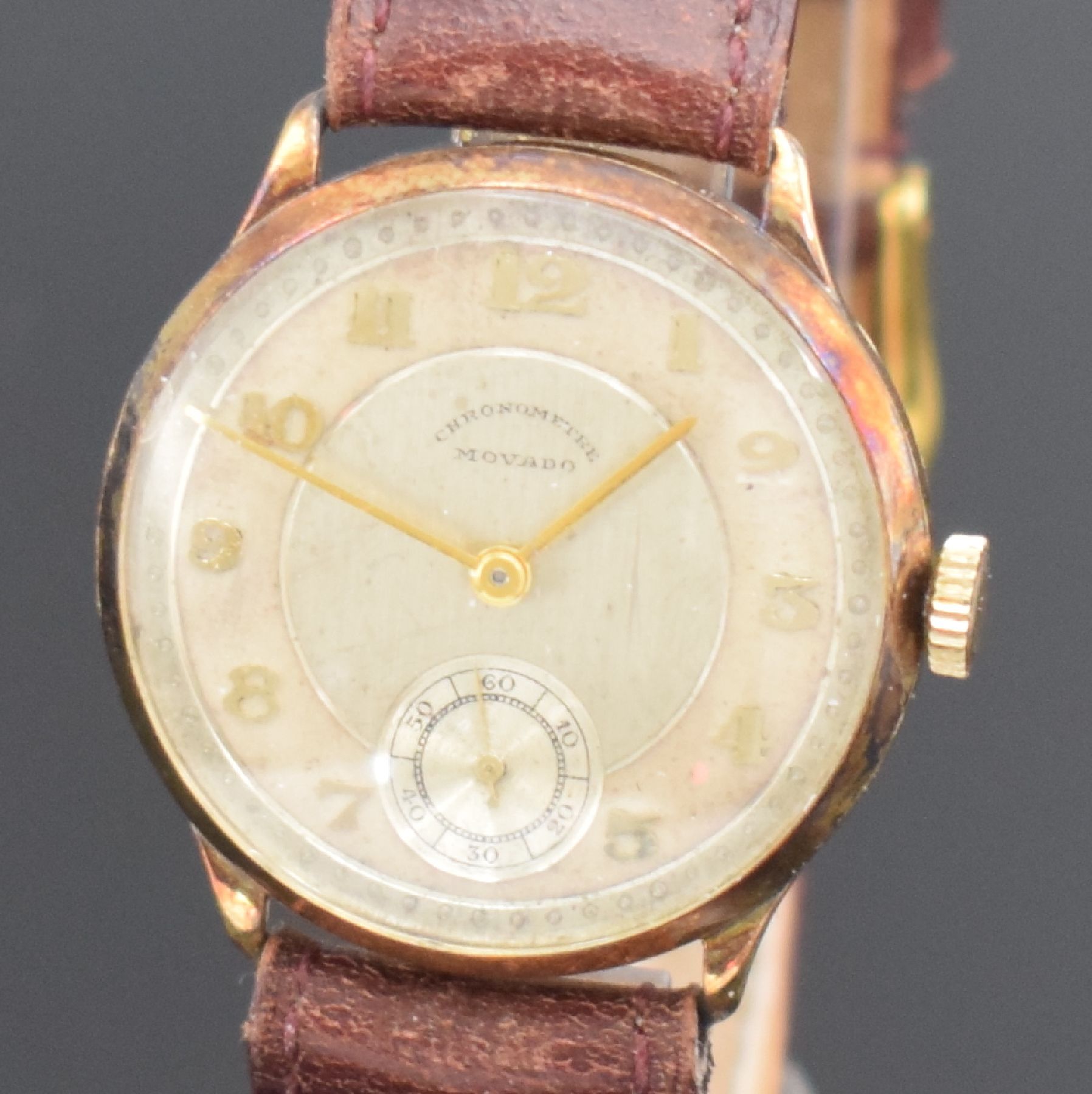 Detail c: MOVADO Damenarmbanduhr Chronometer in GG 585/000, Schweiz um 1940, Geh. angel., Handaufzug, Boden & Glasrand aufgedr., silb. Duoton-Zifferbl. teils ...