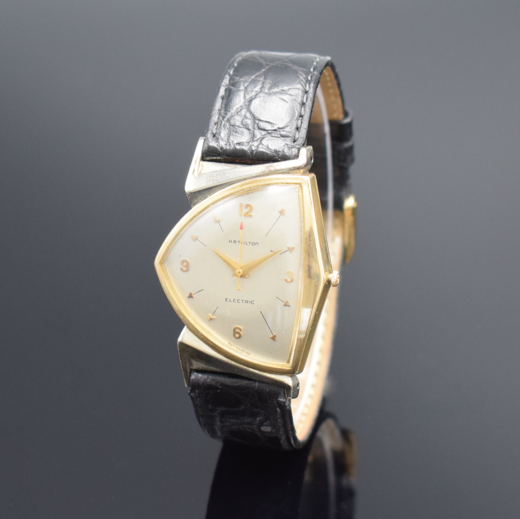 Detail b: HAMILTON Electric Modell Pacer seltene vergoldete Armbanduhr, USA um 1959, eine der ersten elektromechanischen Uhren, asymetrisches Geh. teils ...