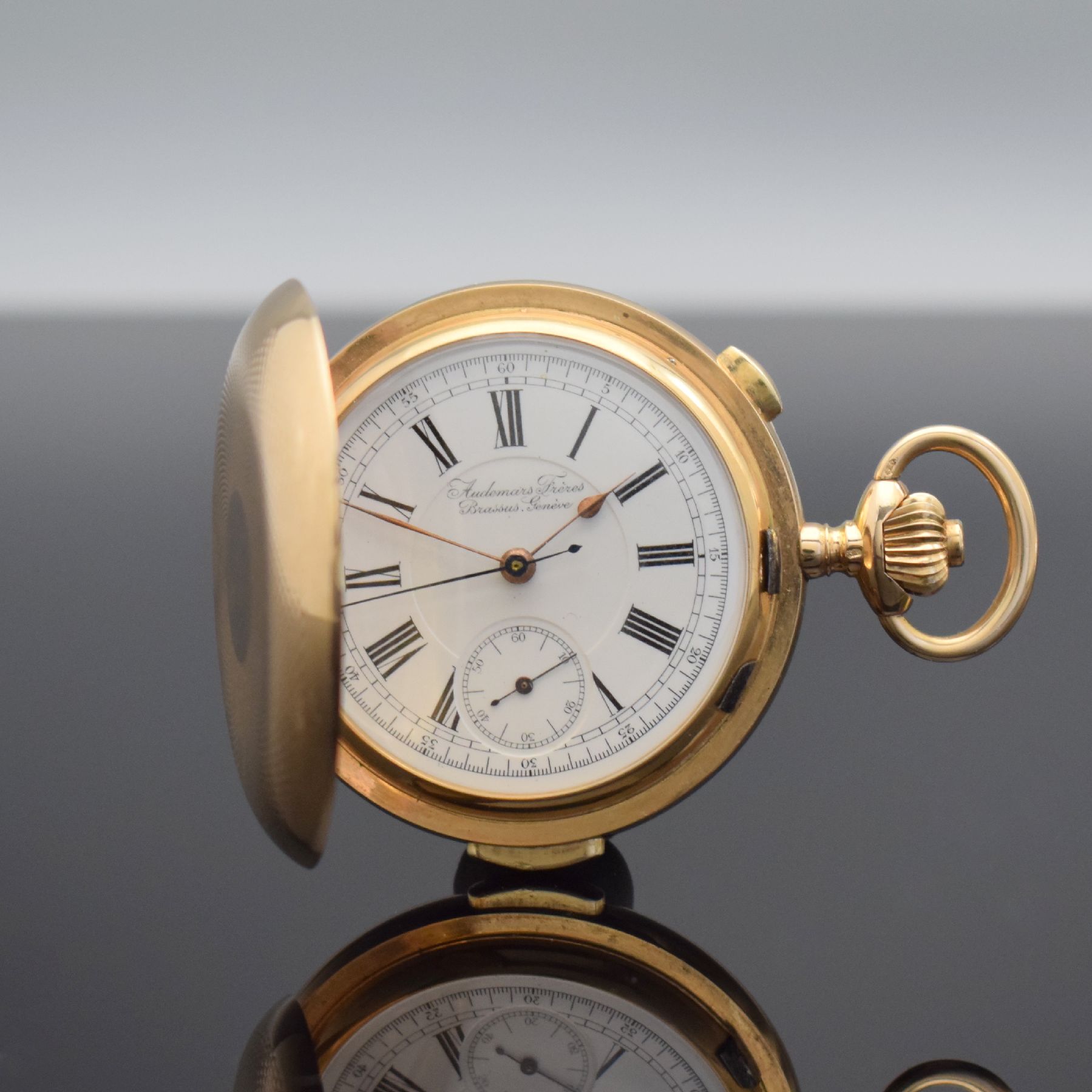 AUDEMARS FRERES Brassus Geneve Savonette in RoseG 585/000 mit 1/4-Stunden-Repetition & Chronograph, Schweiz um 1900, 3-Deckel Goldgeh. m. guill. ...