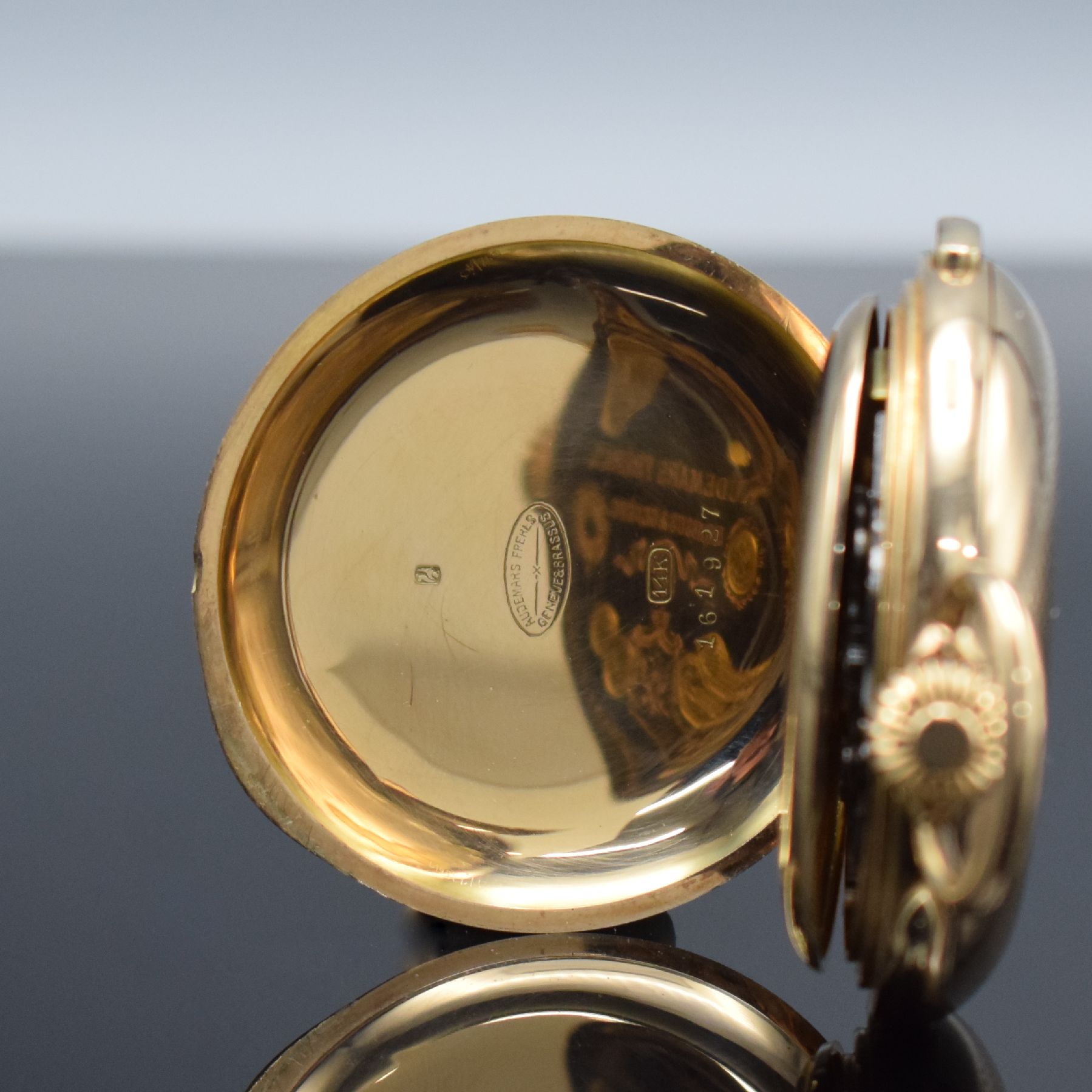 Detail d: AUDEMARS FRERES Brassus Geneve Savonette in RoseG 585/000 mit 1/4-Stunden-Repetition & Chronograph, Schweiz um 1900, 3-Deckel Goldgeh. m. guill. ...