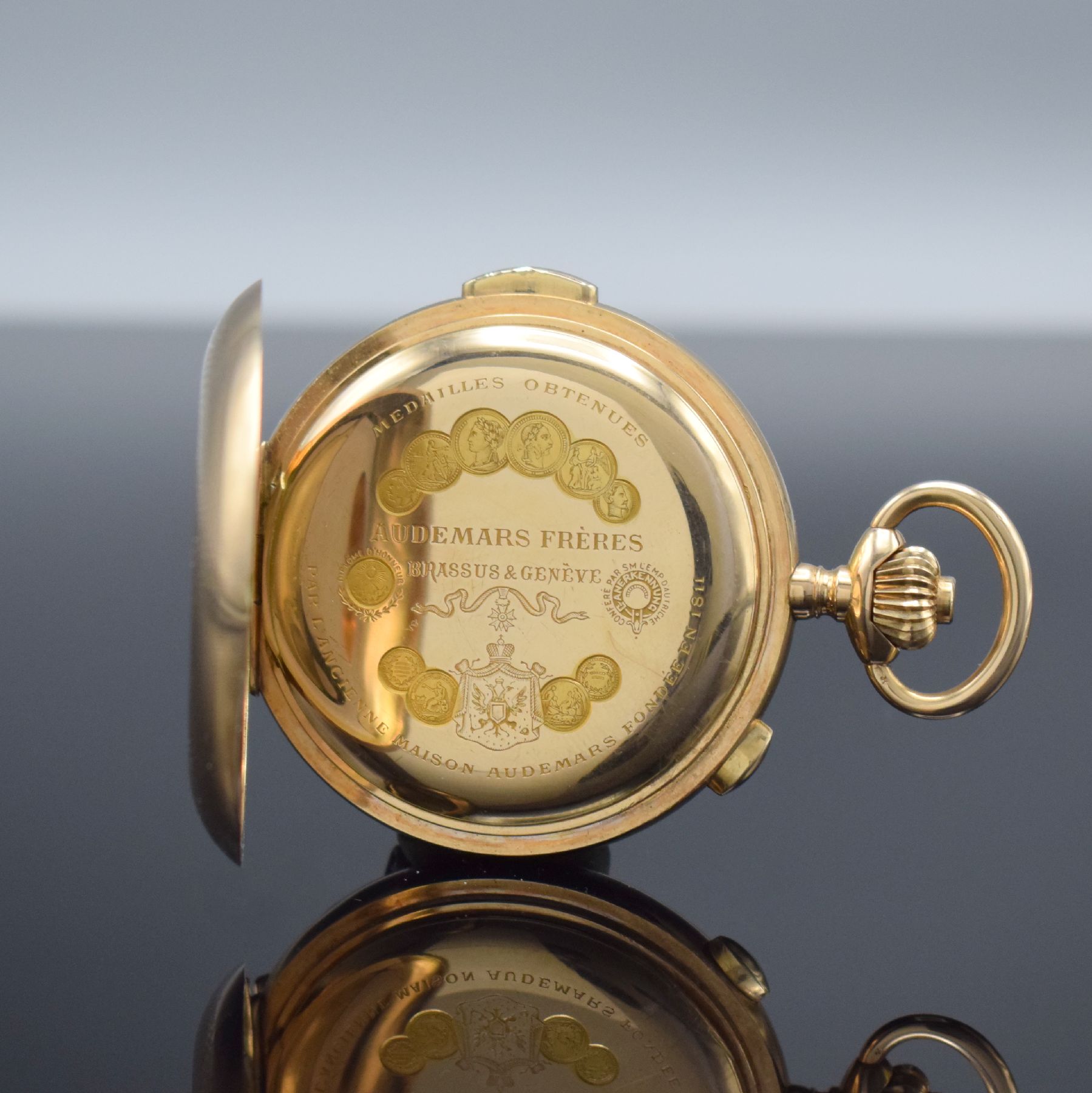 Detail e: AUDEMARS FRERES Brassus Geneve Savonette in RoseG 585/000 mit 1/4-Stunden-Repetition & Chronograph, Schweiz um 1900, 3-Deckel Goldgeh. m. guill. ...