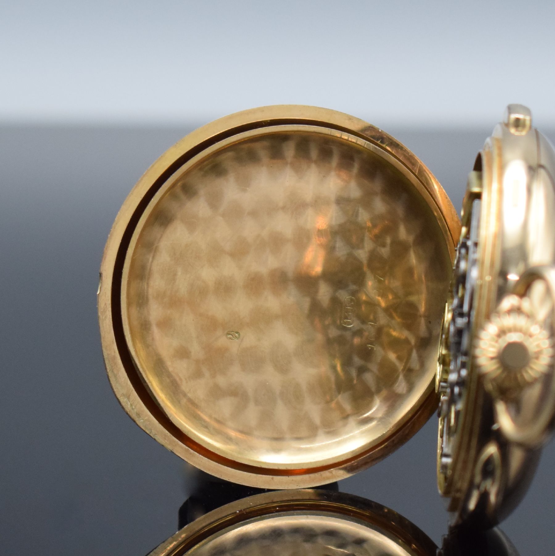 Detail f: AUDEMARS FRERES Brassus Geneve Savonette in RoseG 585/000 mit 1/4-Stunden-Repetition & Chronograph, Schweiz um 1900, 3-Deckel Goldgeh. m. guill. ...