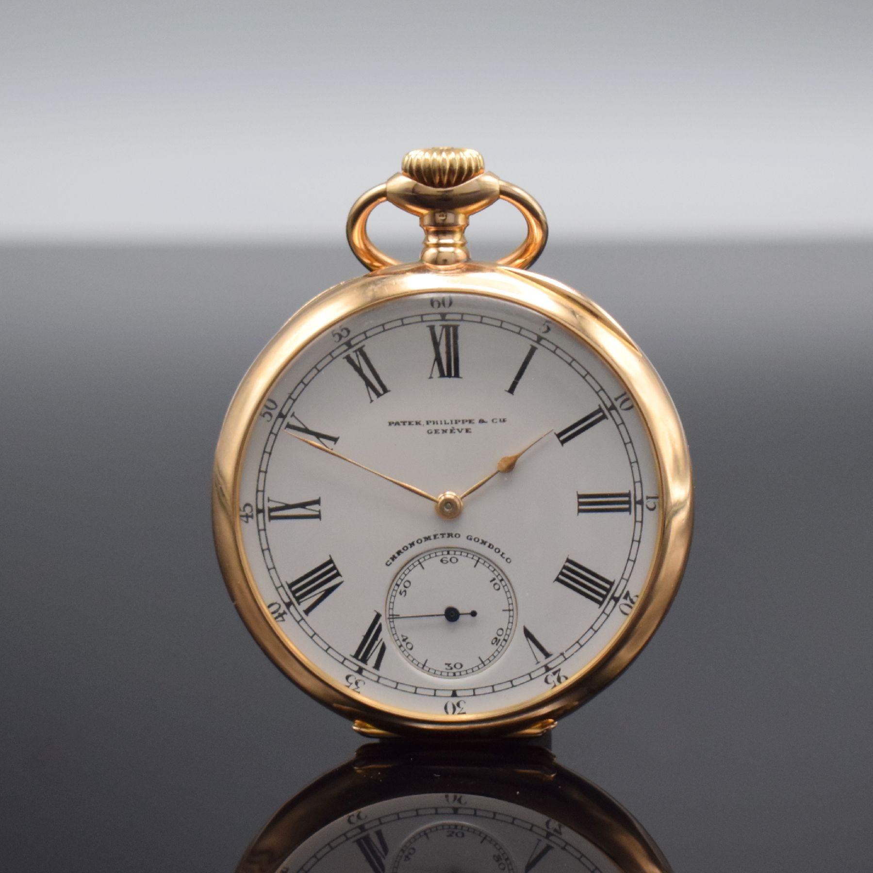 PATEK PHILIPPE Chronometro Gondolo offene Herrentaschenuhr in RoséG 750/000, Schweiz um 1905, 2-Deckel Goldgeh., guill. Rückseite m. aufw. ...