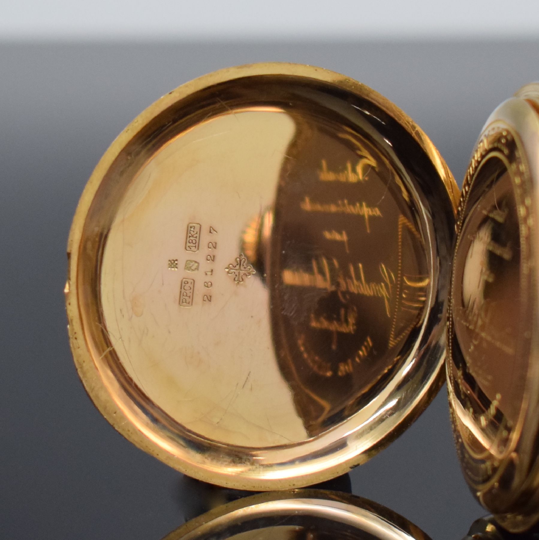Detail b: PATEK PHILIPPE Chronometro Gondolo offene Herrentaschenuhr in RoséG 750/000, Schweiz um 1905, 2-Deckel Goldgeh., guill. Rückseite m. aufw. ...