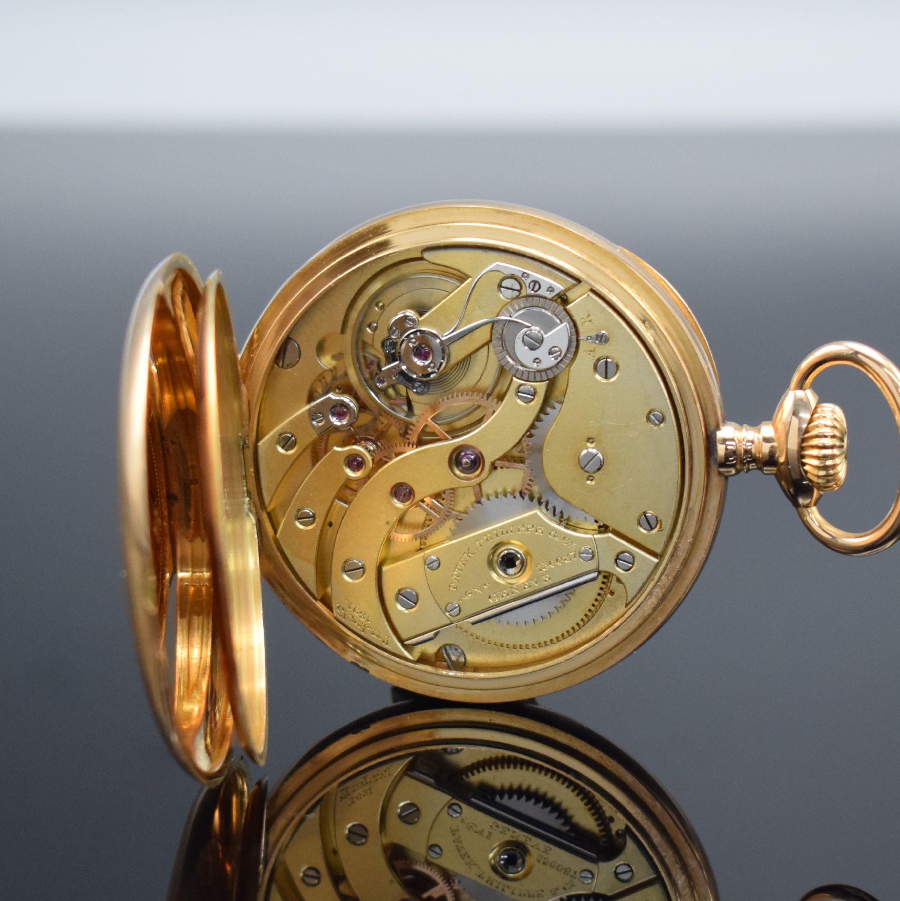 Detail e: PATEK PHILIPPE Chronometro Gondolo offene Herrentaschenuhr in RoséG 750/000, Schweiz um 1905, 2-Deckel Goldgeh., guill. Rückseite m. aufw. ...