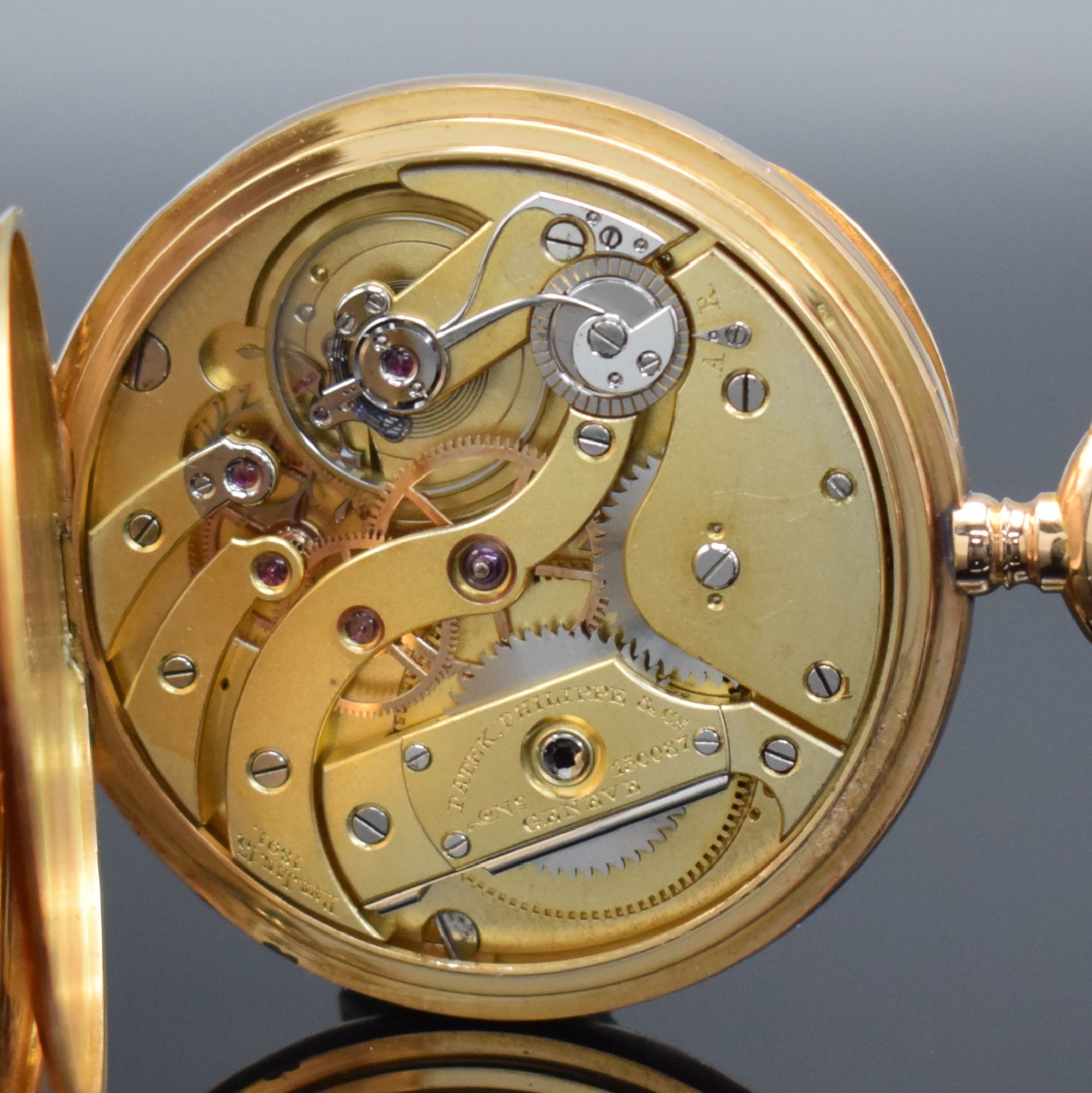 Detail f: PATEK PHILIPPE Chronometro Gondolo offene Herrentaschenuhr in RoséG 750/000, Schweiz um 1905, 2-Deckel Goldgeh., guill. Rückseite m. aufw. ...