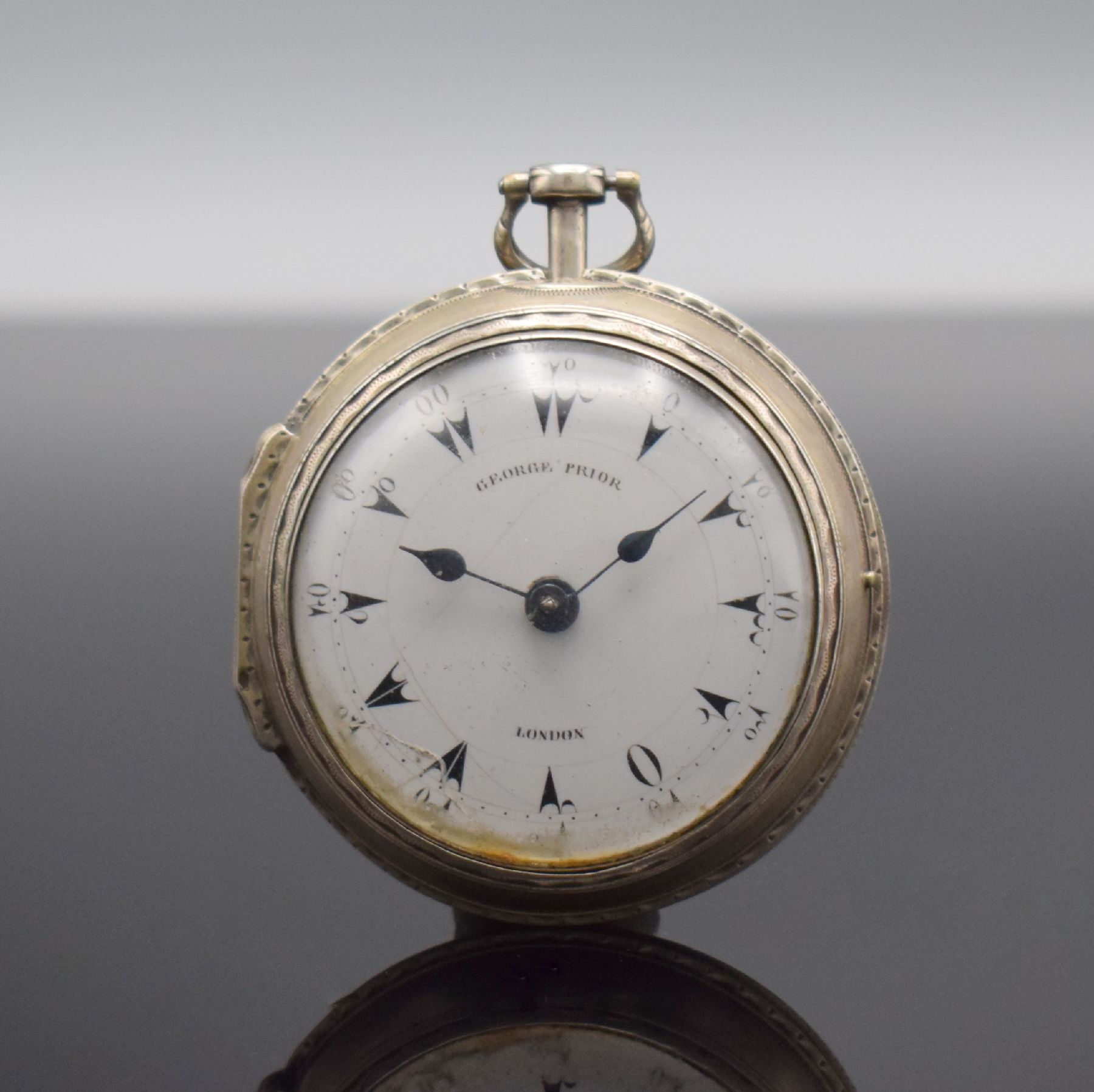GEORGE PRIOR Spindeltaschenuhr für osmanischen Markt mit 2 Übergehäusen, England um 1780, Silber, Emailzifferbl. mit osmanischen Zahlen ...