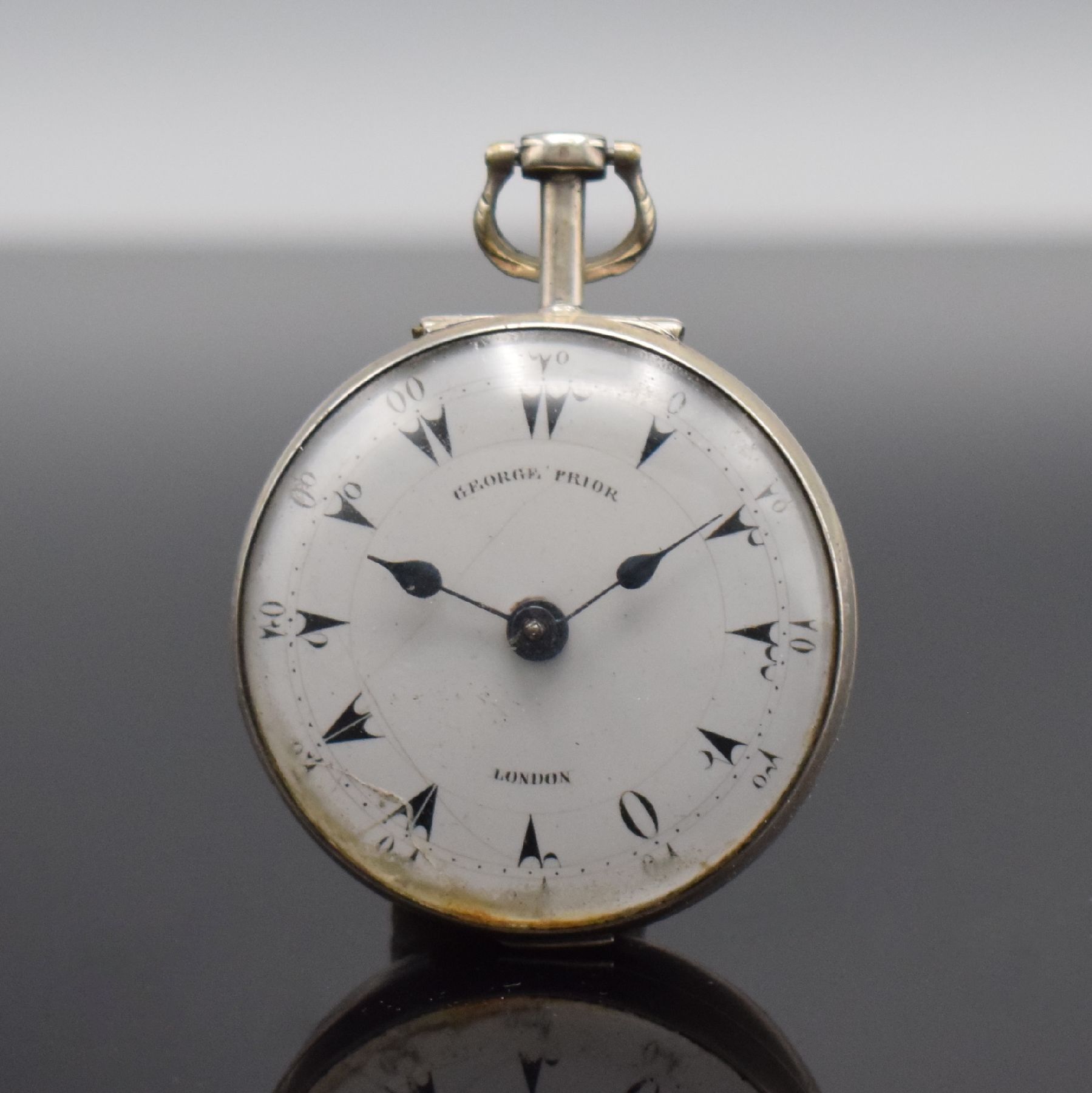 Detail b: GEORGE PRIOR Spindeltaschenuhr für osmanischen Markt mit 2 Übergehäusen, England um 1780, Silber, Emailzifferbl. mit osmanischen Zahlen ...