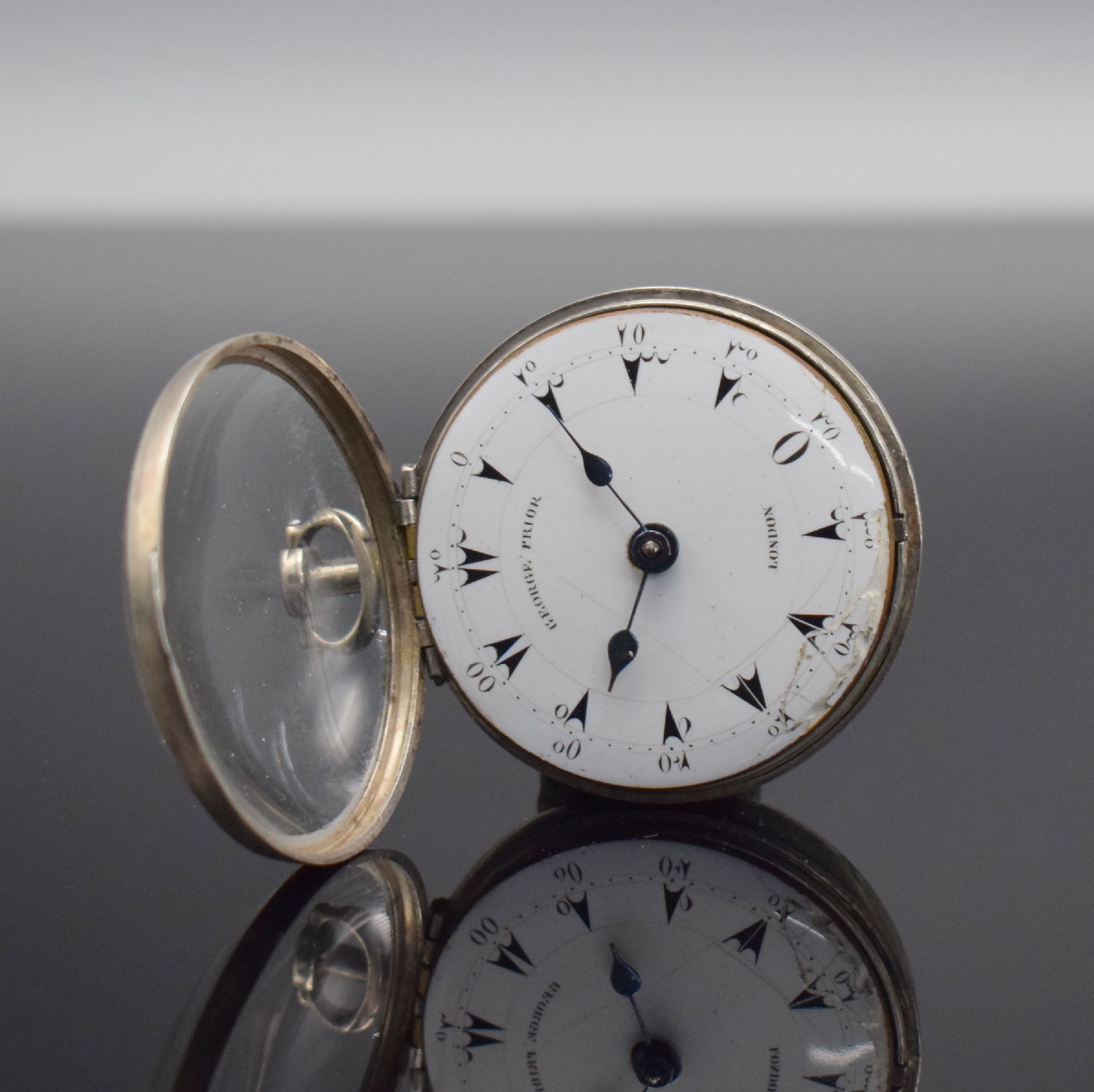 Detail d: GEORGE PRIOR Spindeltaschenuhr für osmanischen Markt mit 2 Übergehäusen, England um 1780, Silber, Emailzifferbl. mit osmanischen Zahlen ...