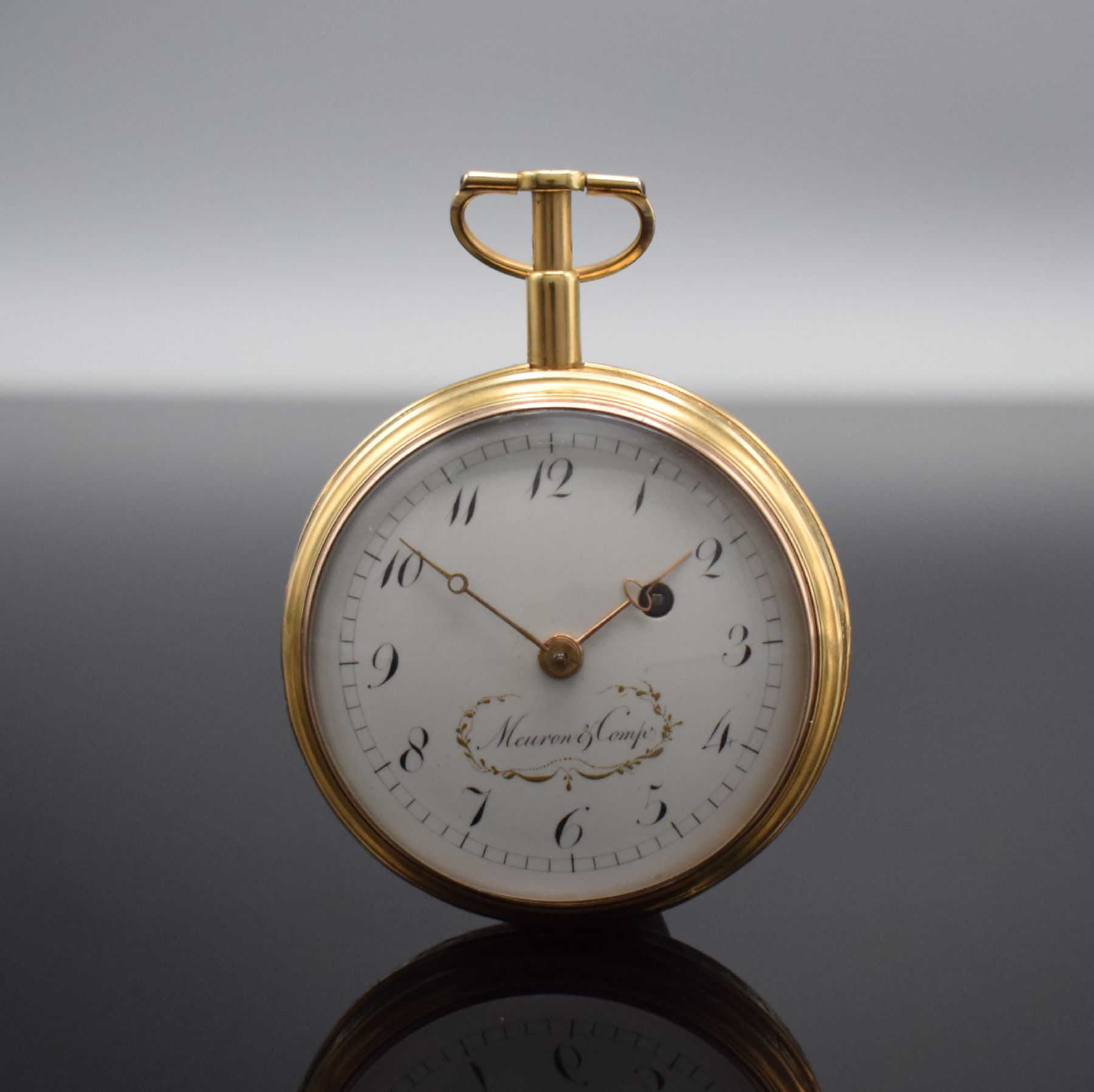 MEURON & Comp offene Spindeltaschenuhr in Roségold 750/000 mit 1/4-Stundenrepetition, Schweiz um 1800, 2-teil. Gehäuse, Ränder floral grav., ...