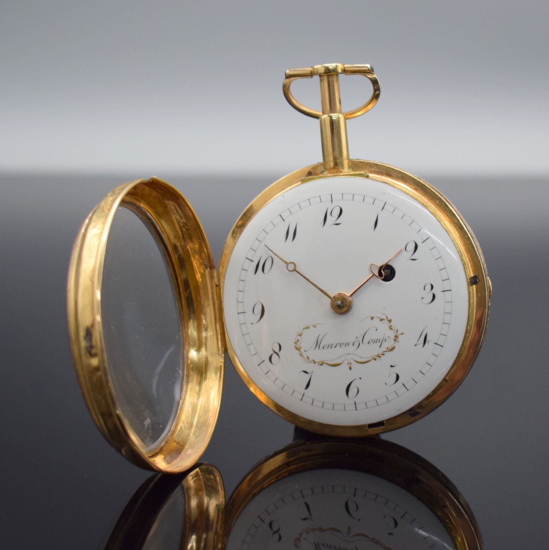 Detail b: MEURON & Comp offene Spindeltaschenuhr in Roségold 750/000 mit 1/4-Stundenrepetition, Schweiz um 1800, 2-teil. Gehäuse, Ränder floral grav., ...