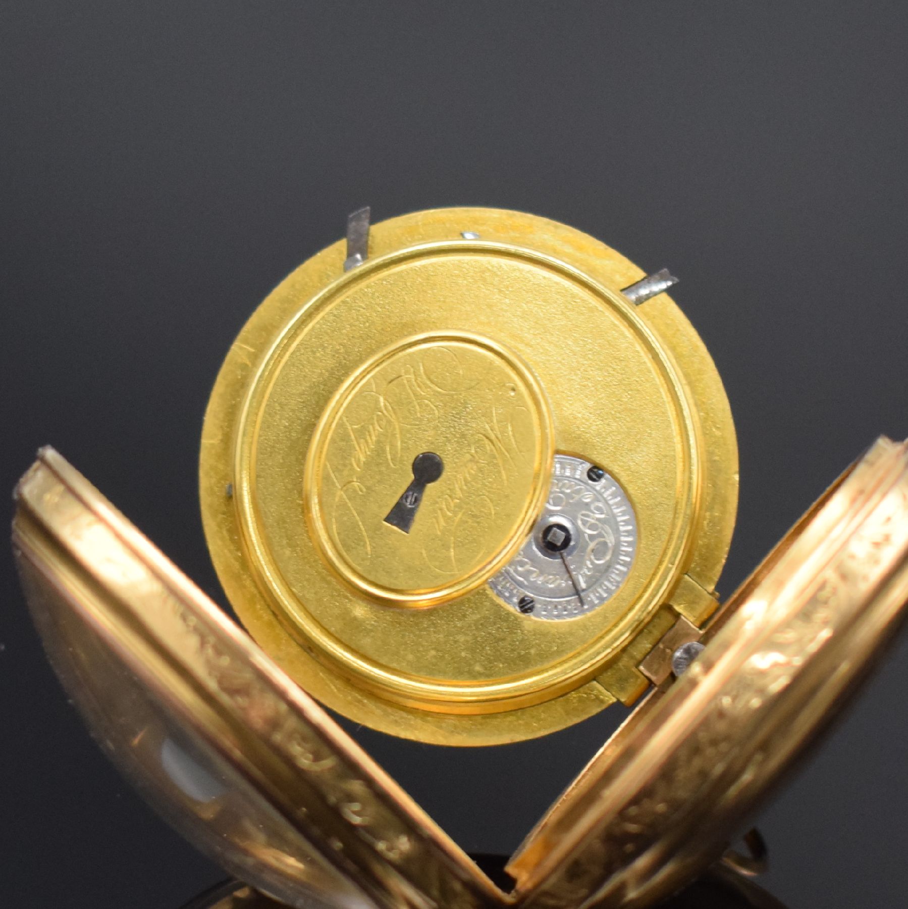 Detail c: MEURON & Comp offene Spindeltaschenuhr in Roségold 750/000 mit 1/4-Stundenrepetition, Schweiz um 1800, 2-teil. Gehäuse, Ränder floral grav., ...
