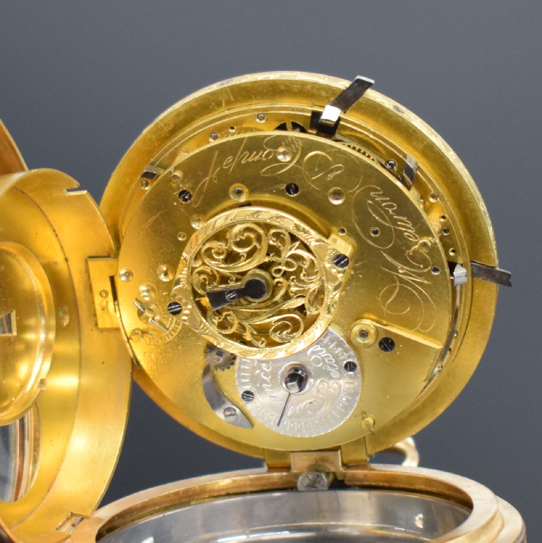 Detail d: MEURON & Comp offene Spindeltaschenuhr in Roségold 750/000 mit 1/4-Stundenrepetition, Schweiz um 1800, 2-teil. Gehäuse, Ränder floral grav., ...