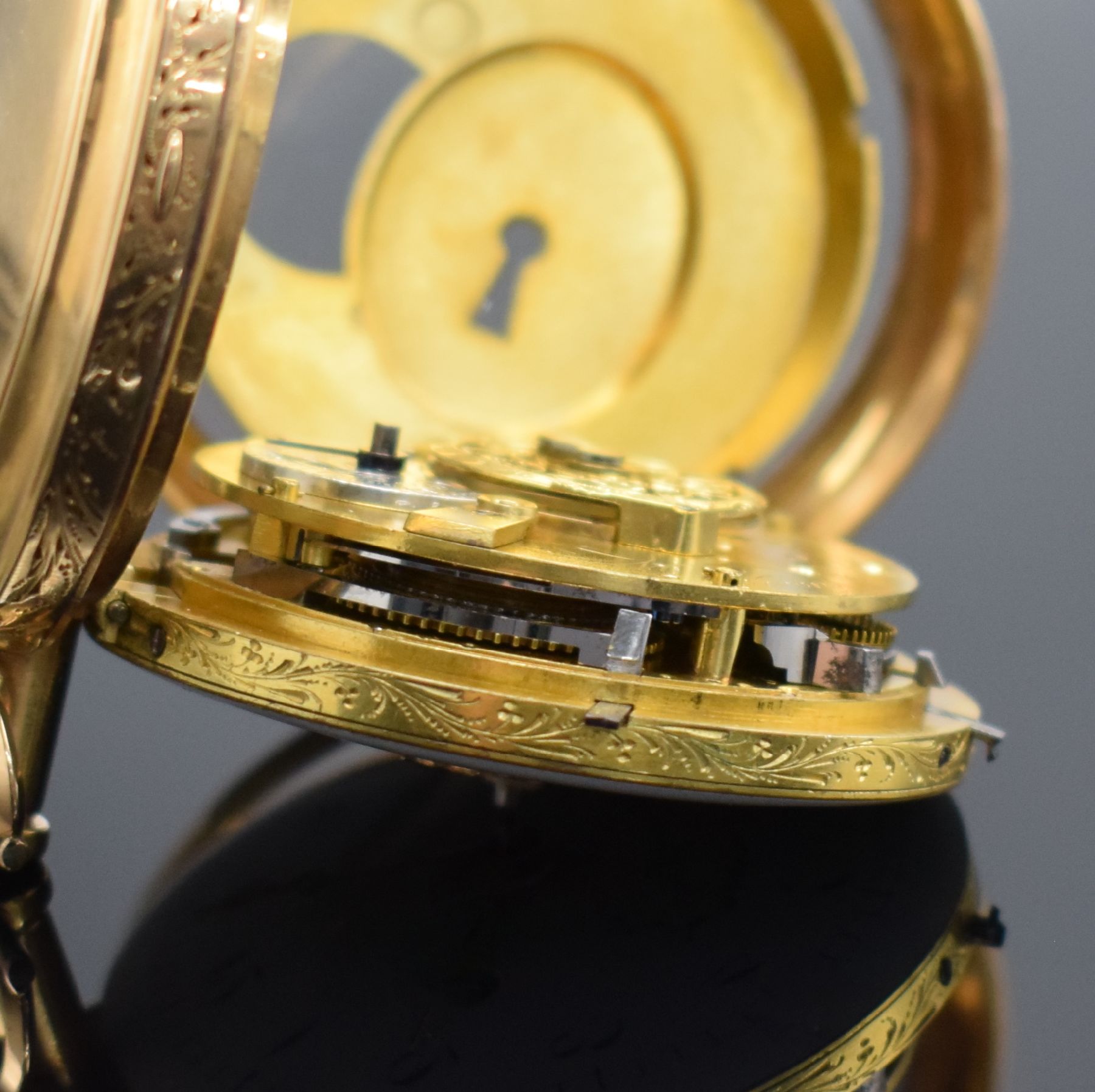 Detail f: MEURON & Comp offene Spindeltaschenuhr in Roségold 750/000 mit 1/4-Stundenrepetition, Schweiz um 1800, 2-teil. Gehäuse, Ränder floral grav., ...