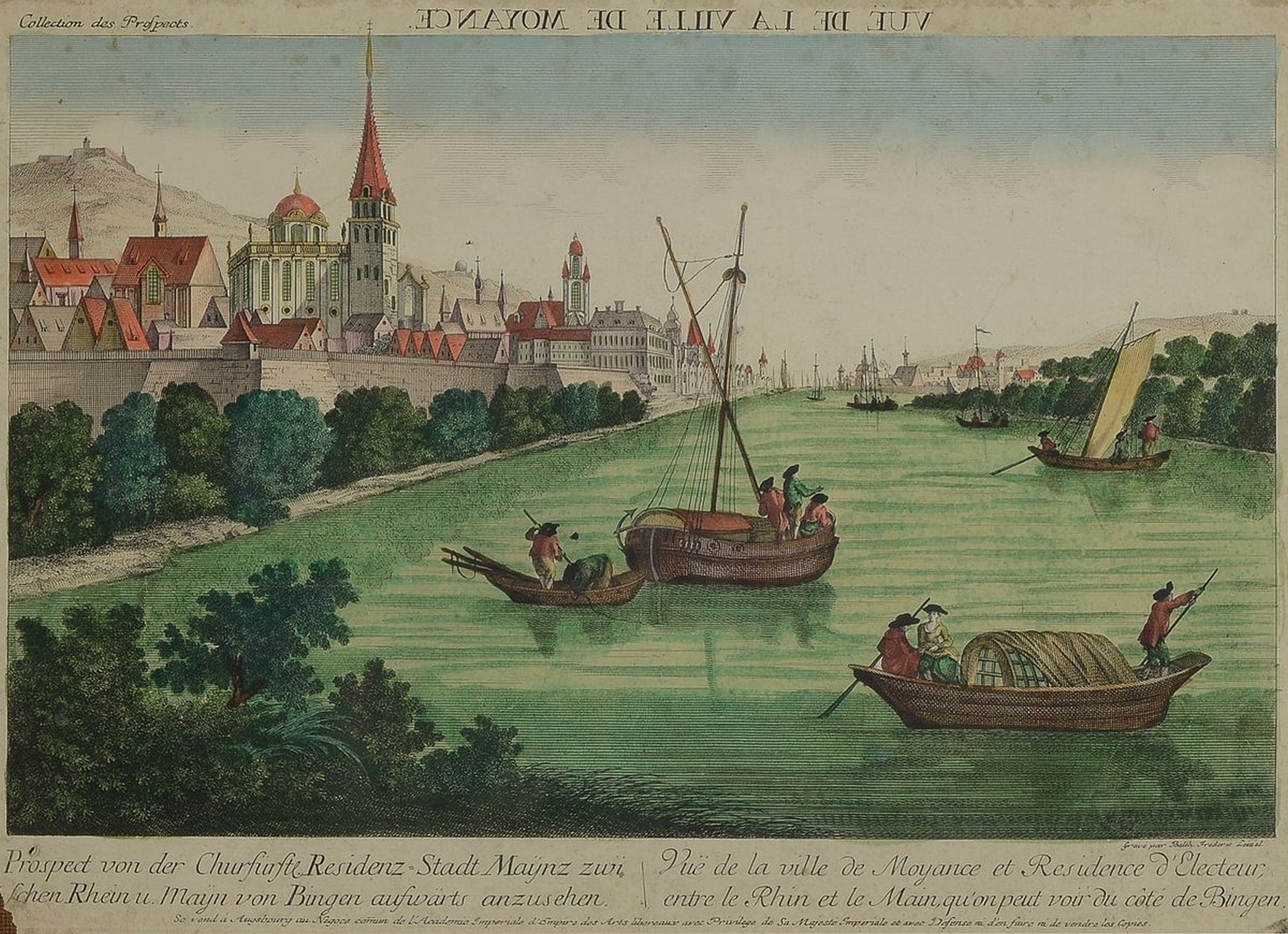 Balthasar Friedrich Leizelt um 1750/1800, Augsburger Kupferstecher, szenische Ansicht von Mainz über den Rhein nach Bingen, sog. Vue d'optique, ...