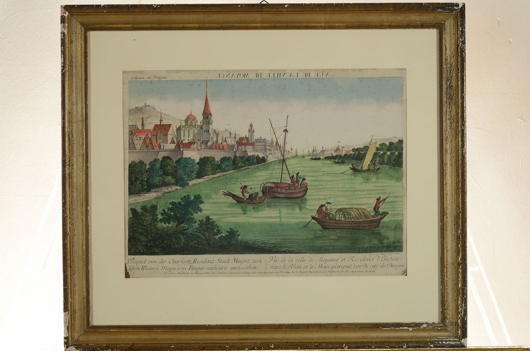 Detail k: Balthasar Friedrich Leizelt um 1750/1800, Augsburger Kupferstecher, szenische Ansicht von Mainz über den Rhein nach Bingen, sog. Vue d'optique, ...