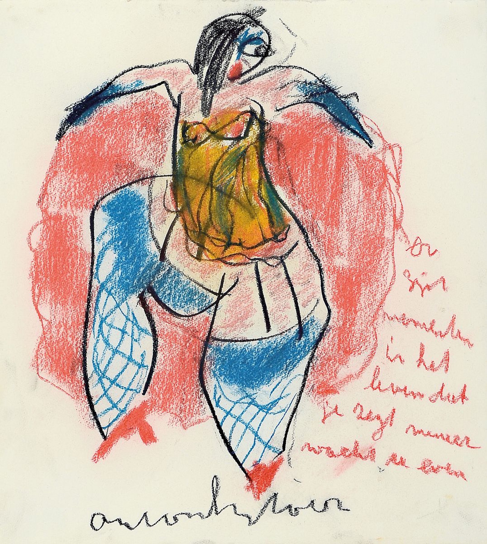 Anton Heyboer, 1924-2005, tanzende Frauenfigur, Wachsstift und Tempera auf Papier, signiert, ca. 40x36cm, PP, u.Gl., R. ca. 64x58cm