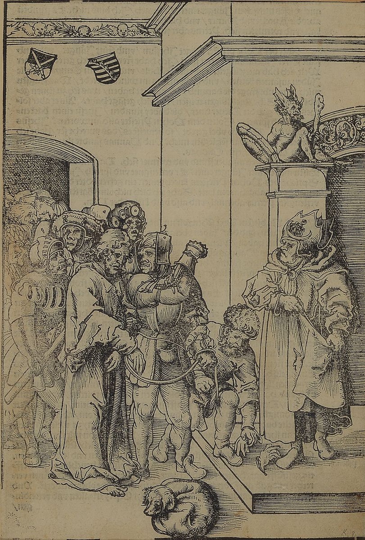 Lucas Cranach, 1472 Kronach - 1553 Weimar, Holzschnitt, Christus vor Kaiphas, aus Cranachs Passionsfolge (Wittenberg 1509), mit Erfassungslinie, ...