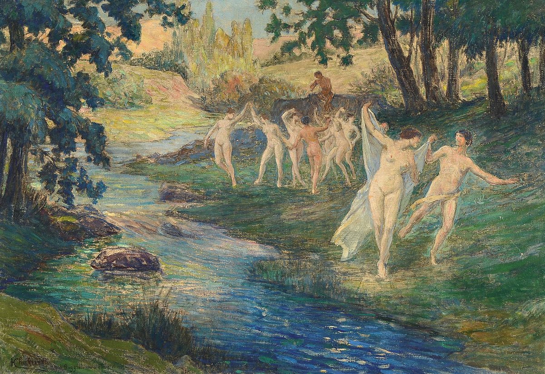 Henri Charrier, 1859-1950, Tanzende Akte an einem Bachlauf im Wald, im Hintergrund Pan, Flöte spielend auf einem Felsen sitzend, Öl/Lwd, links ...