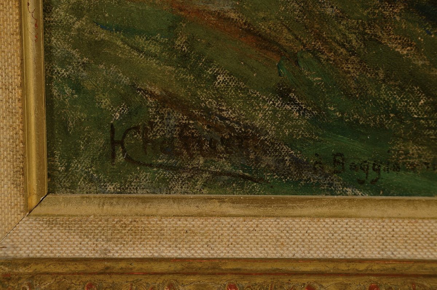 Detail a: Henri Charrier, 1859-1950, Tanzende Akte an einem Bachlauf im Wald, im Hintergrund Pan, Flöte spielend auf einem Felsen sitzend, Öl/Lwd, links ...
