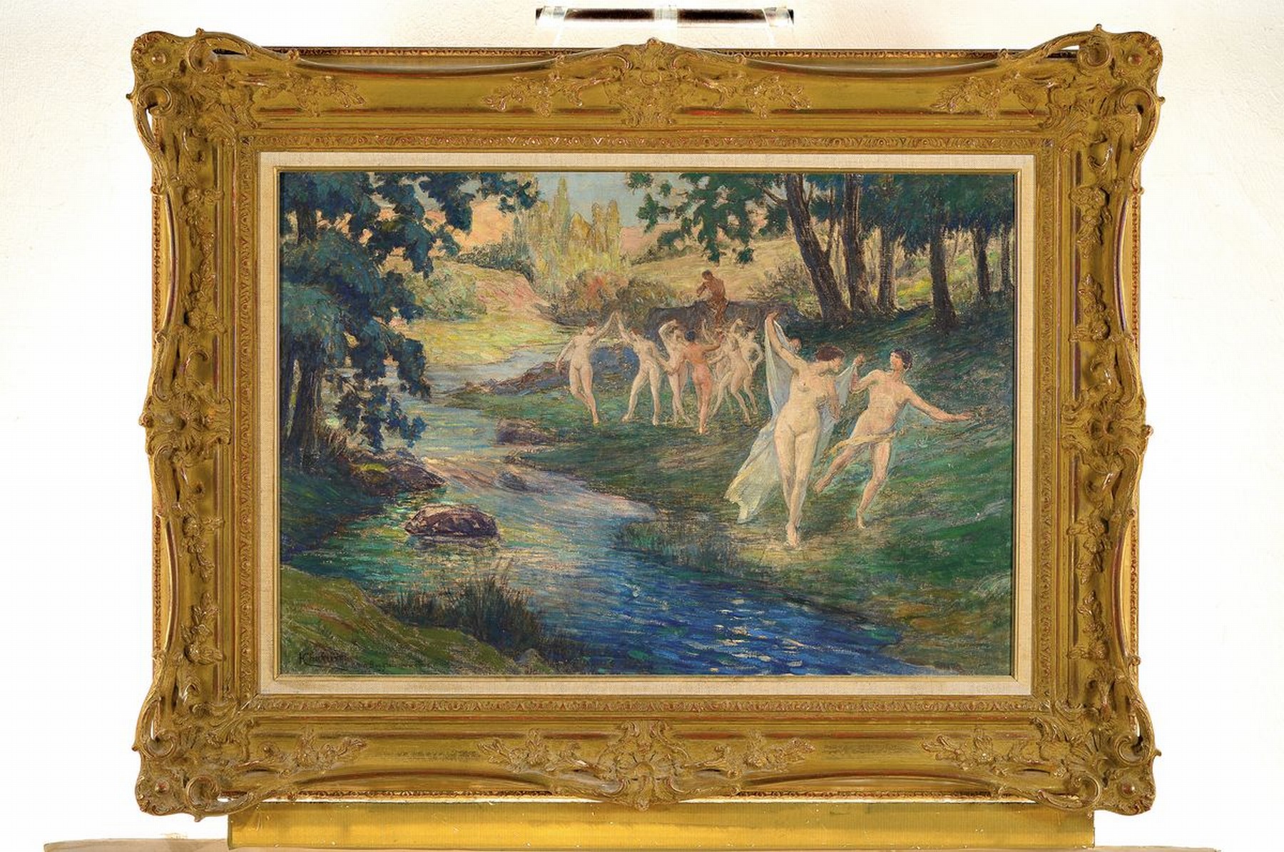 Detail k: Henri Charrier, 1859-1950, Tanzende Akte an einem Bachlauf im Wald, im Hintergrund Pan, Flöte spielend auf einem Felsen sitzend, Öl/Lwd, links ...